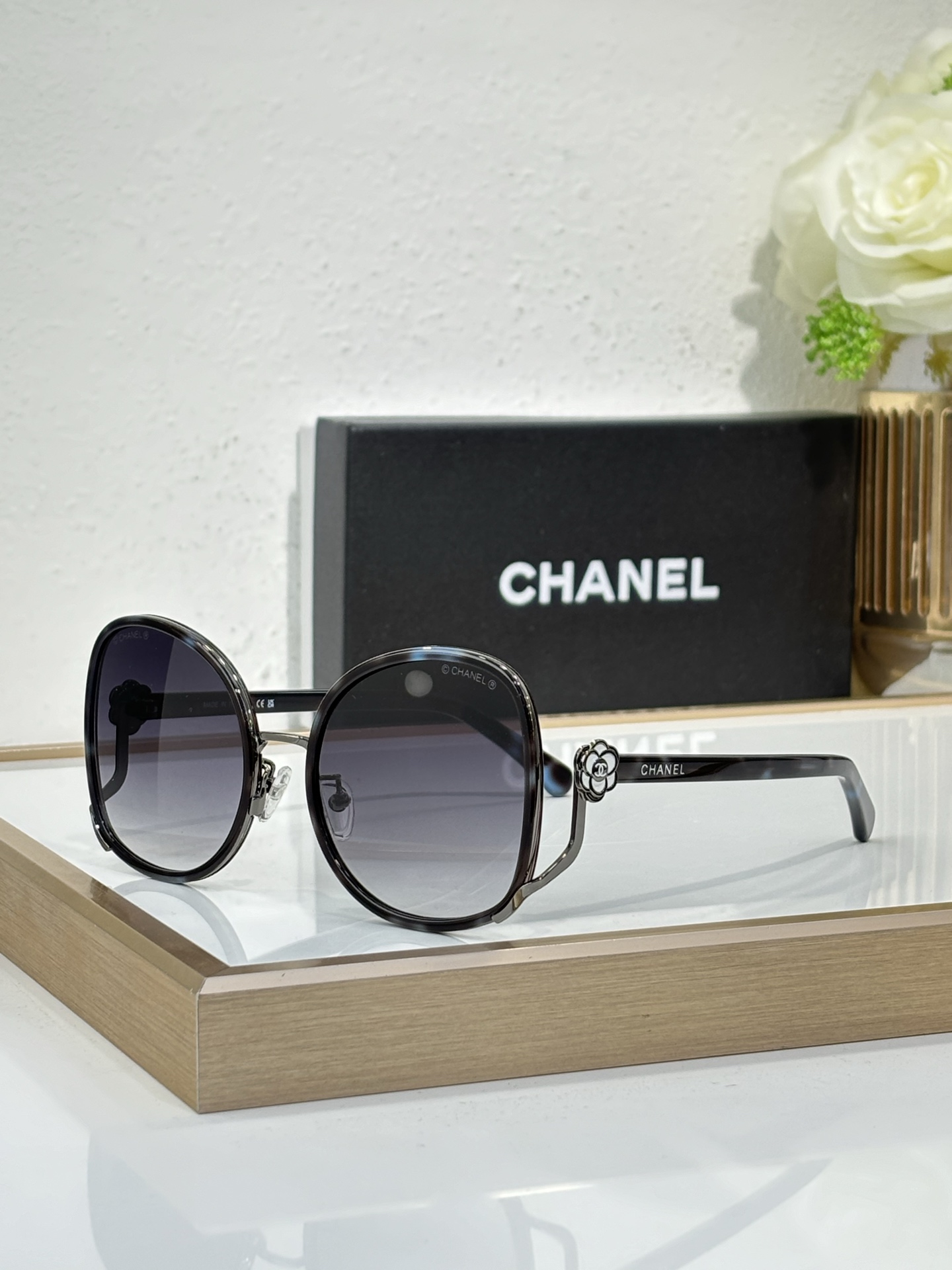 Chanel Square Sunglasses with Camellia Flower & Metal Accents (Model: CH5502)