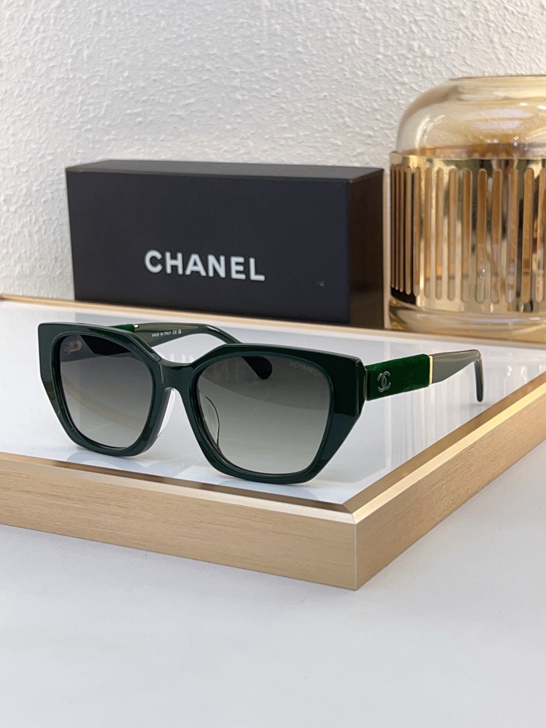 Chanel Cat - Eye Sunglasses with Dark Green Acetate & Velvet CC Accents (Model: CH5499)