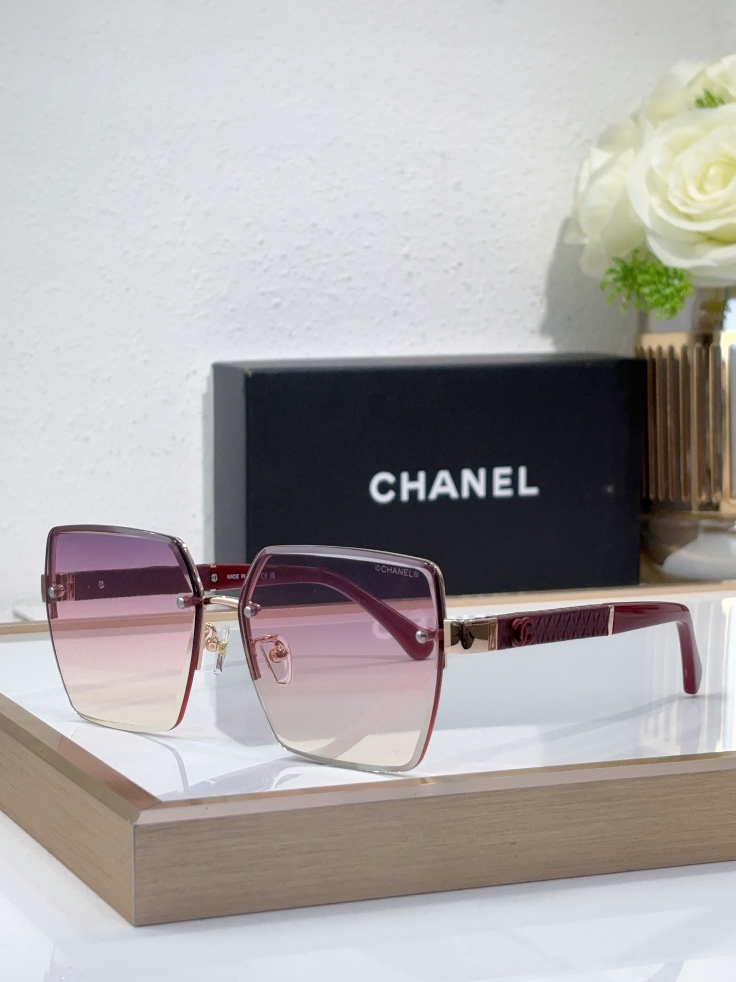 Chanel Square Rimless Sunglasses with Burgundy Quilted & Gold CC Accents (Model: CH4286)