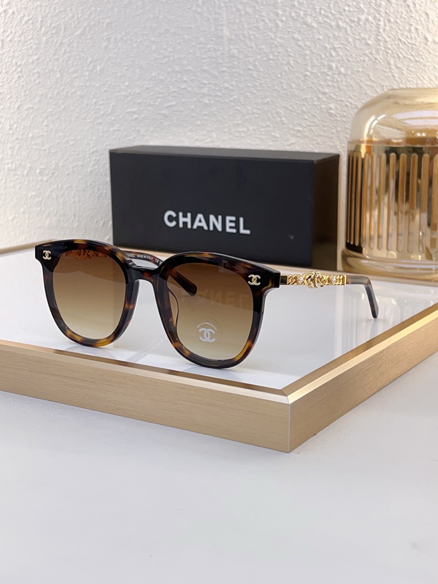 Chanel Square Sunglasses with Tortoiseshell Acetate & Crystal - Chain Temples (Model: CH5489)