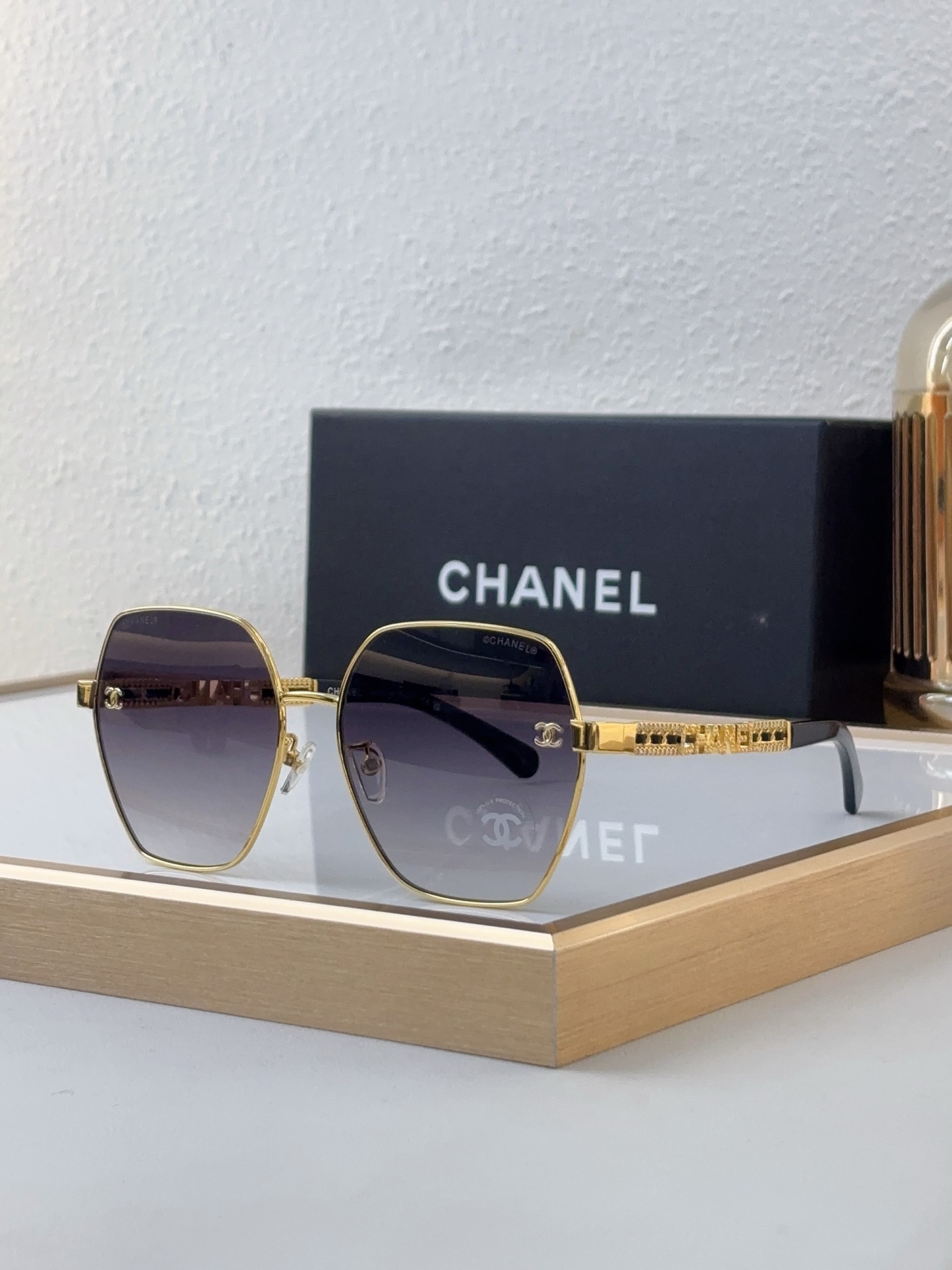 Chanel Hexagonal Metal Sunglasses with Gold Chain - Link Temples (Model: CH4284)