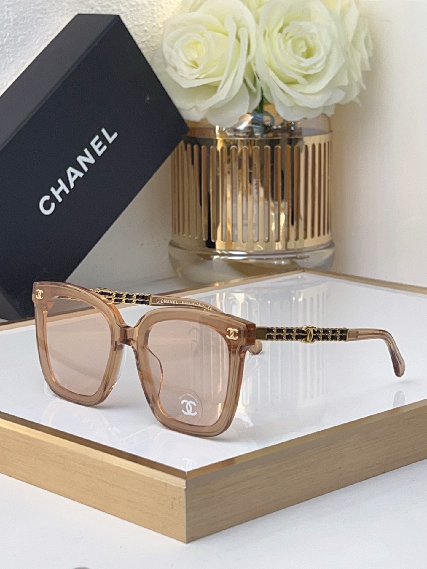 Chanel Square Sunglasses with Brown Acetate & Gold - Black Chain Temples (Model: CH5486)