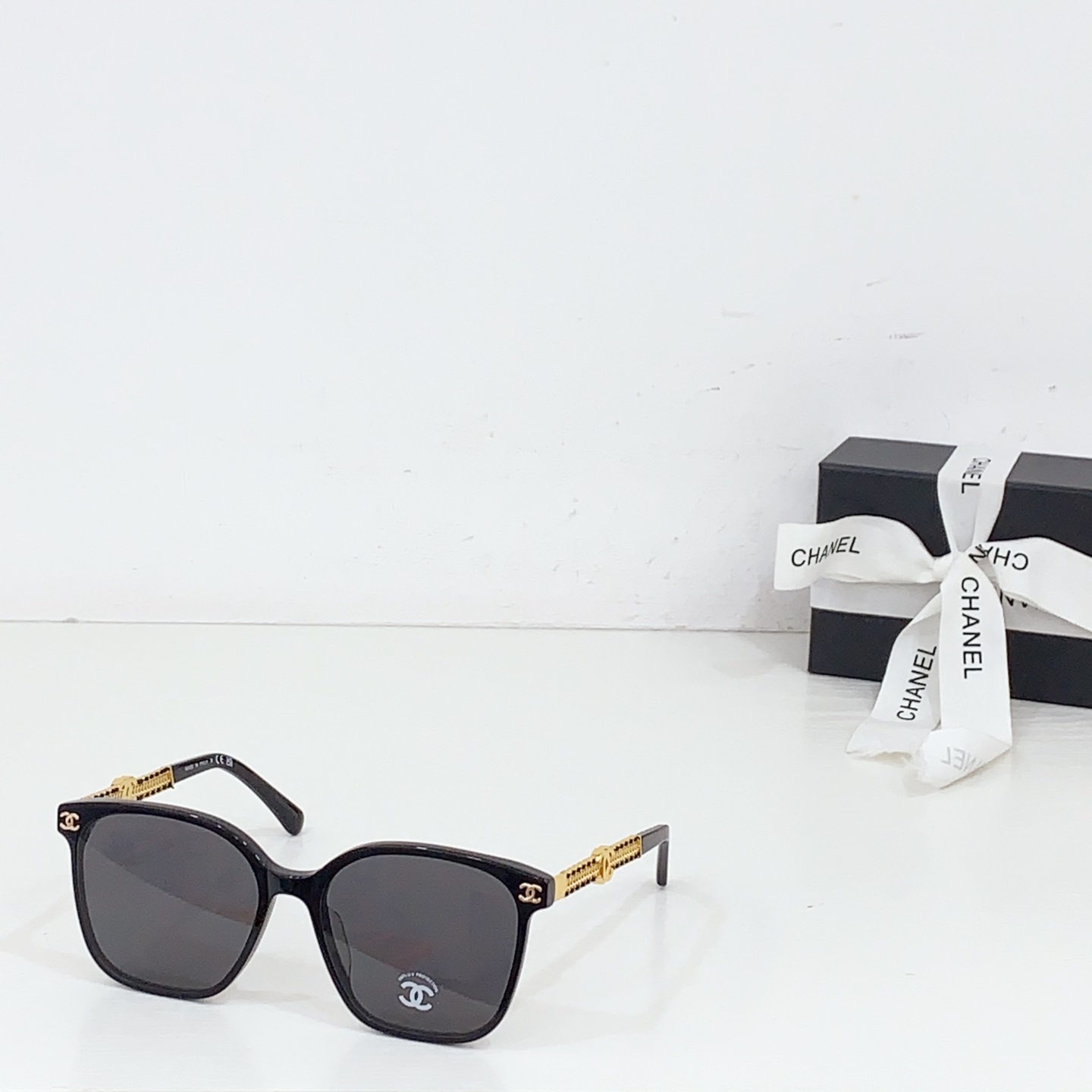 Chanel Square Sunglasses with Gold Chain - Link Temple Detailing (Model: CH5482)