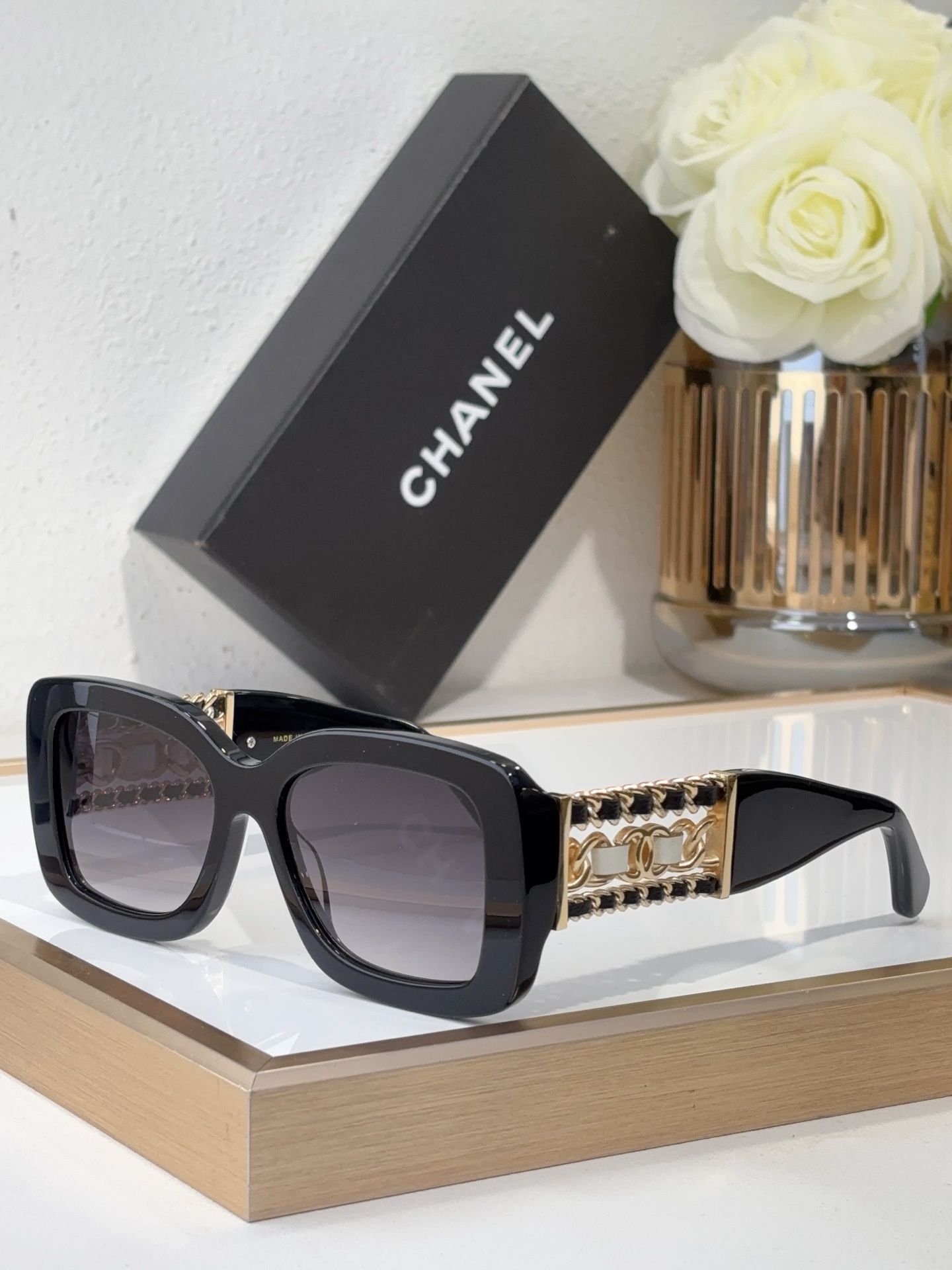 Chanel Black Acetate Square Sunglasses with Gold Chain - Linked Temples & CC Motif (Model: CH5638)