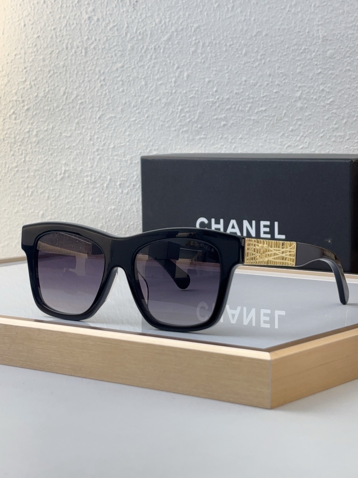 Chanel Black Acetate Square Sunglasses with Gold Woven - Metal Temples (Model: CH5637)