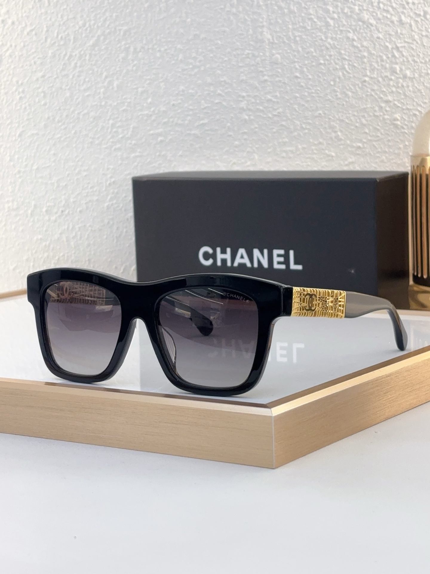 Chanel Black Acetate Square Sunglasses with Gold Woven - Metal Temples & CC Motif (Model: CH5634)