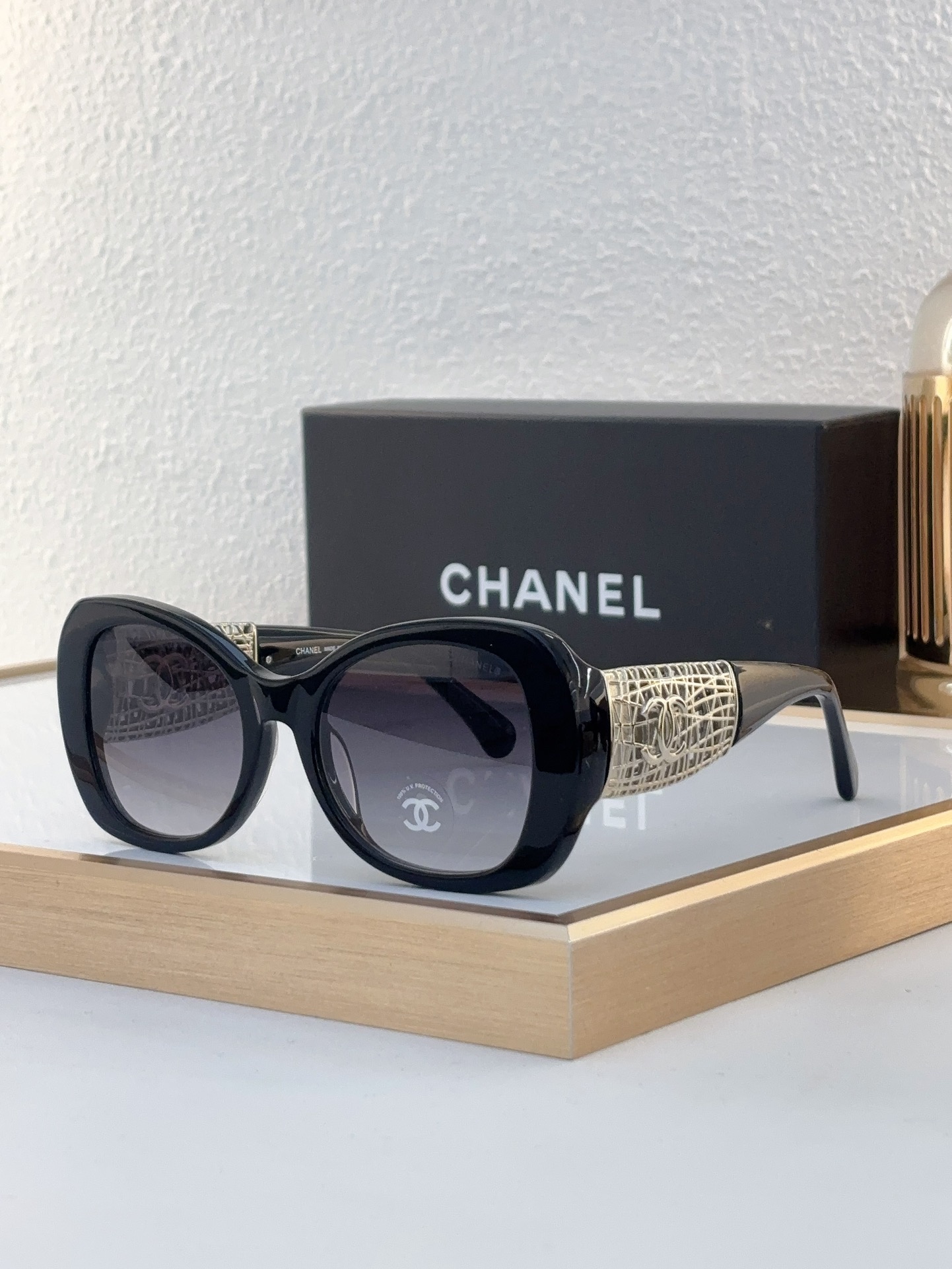 Chanel Black Acetate Oval - Square Sunglasses with Metal - Woven Temples & CC Motif (Model: CH5629)