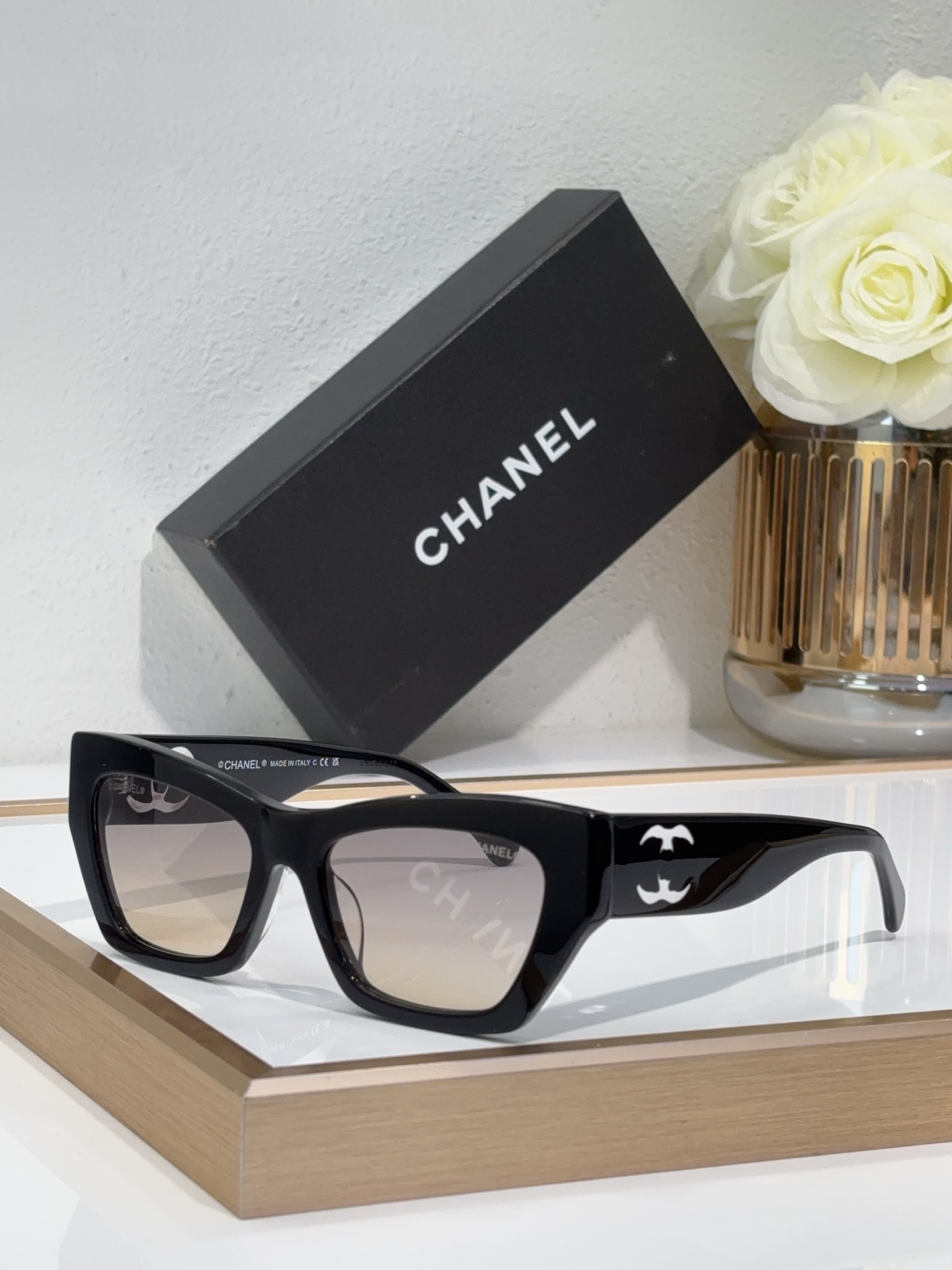 Chanel Black Acetate Cat - Eye Sunglasses with White CC Motifs (Model: CH5627)