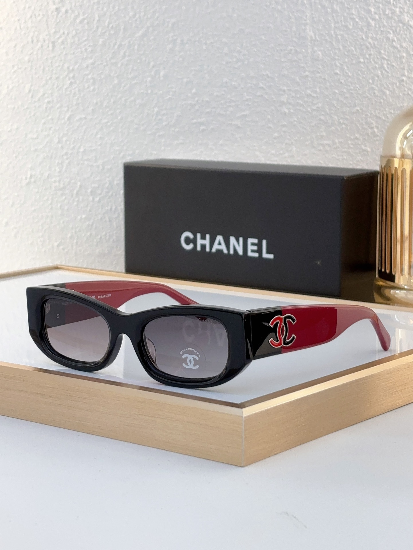 Chanel Black - Red Acetate Rectangular Sunglasses with Two - Tone CC Motif (Model: CH5626)