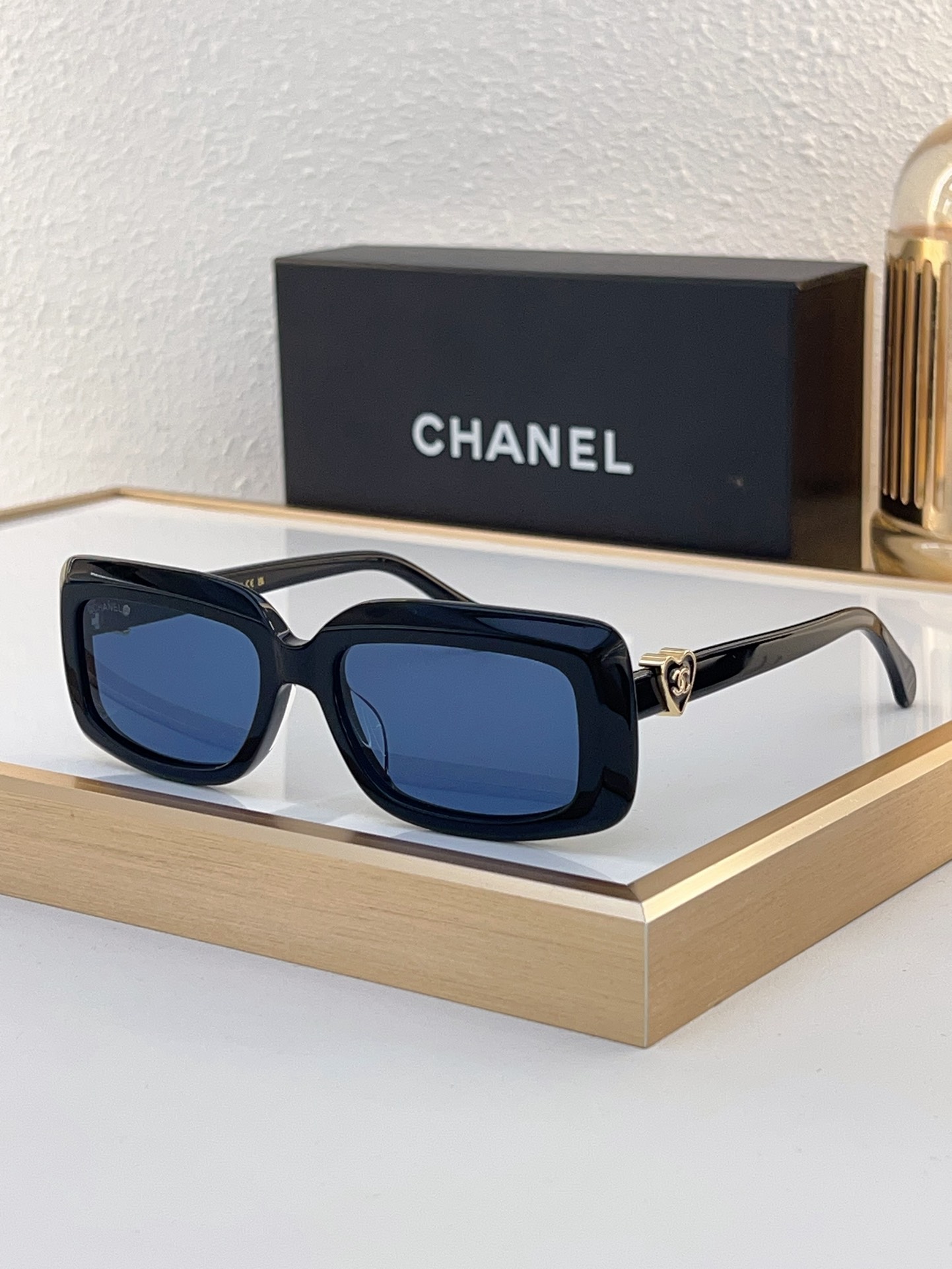Chanel Black Acetate Square Sunglasses with Gold CC Motif (Model: CH5624)