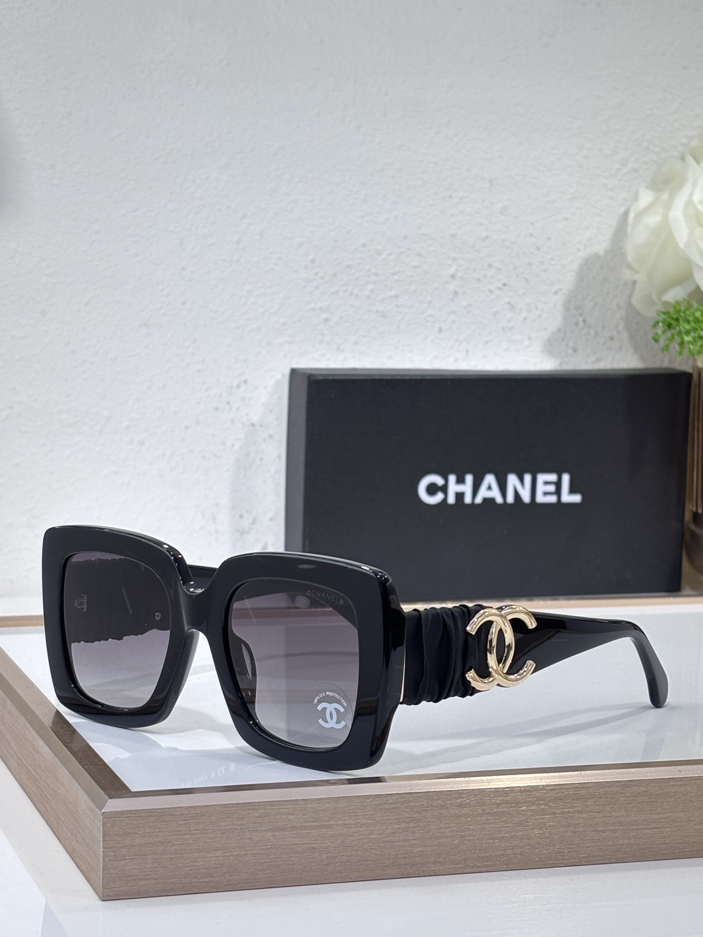 Chanel Black Acetate Square Sunglasses with Ruched Temples & Silver CC Motif (Model: CH5621)