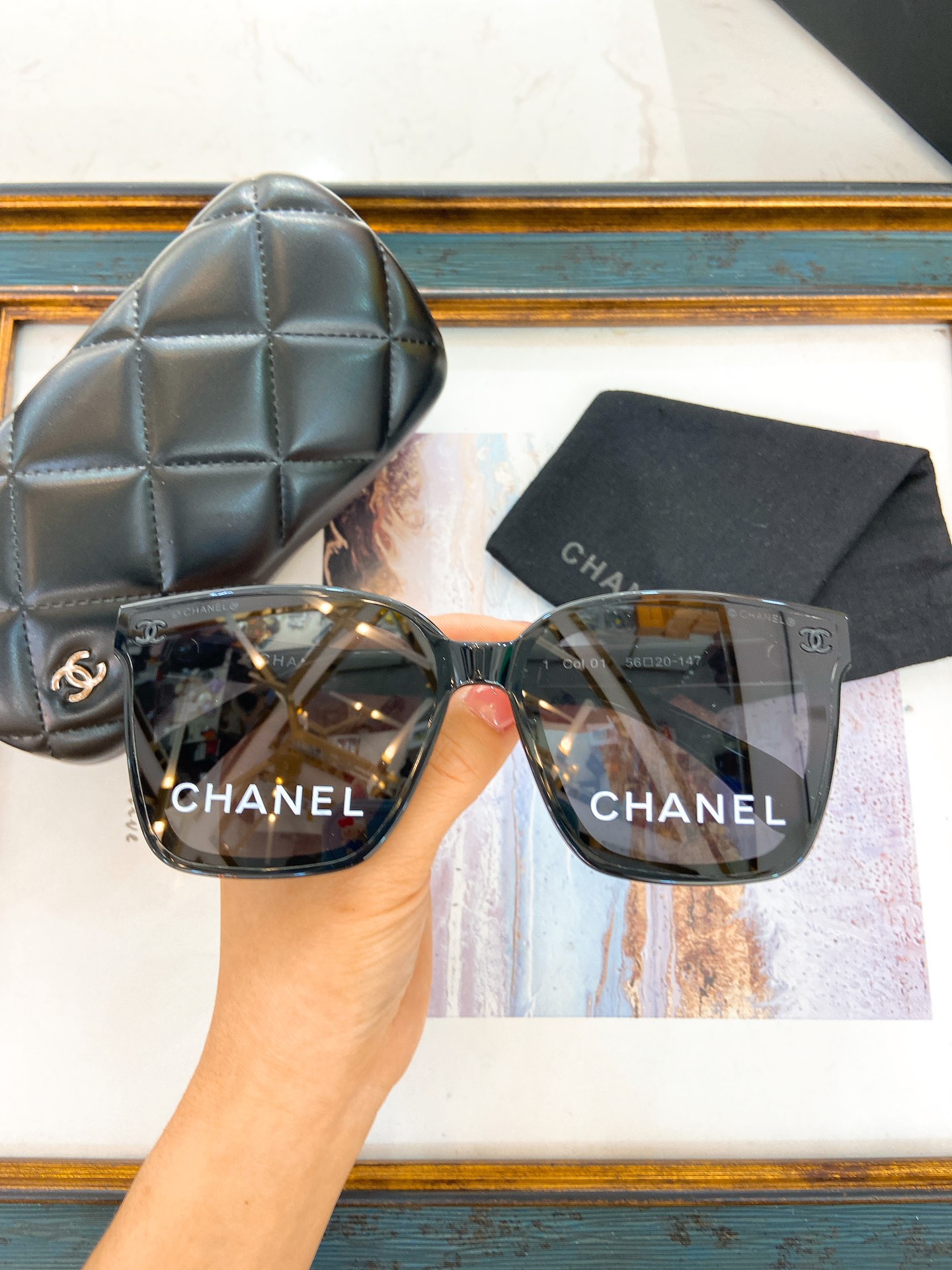 Chanel Black Acetate Square Sunglasses with Lens - Printed Logo (Model: CH5620)