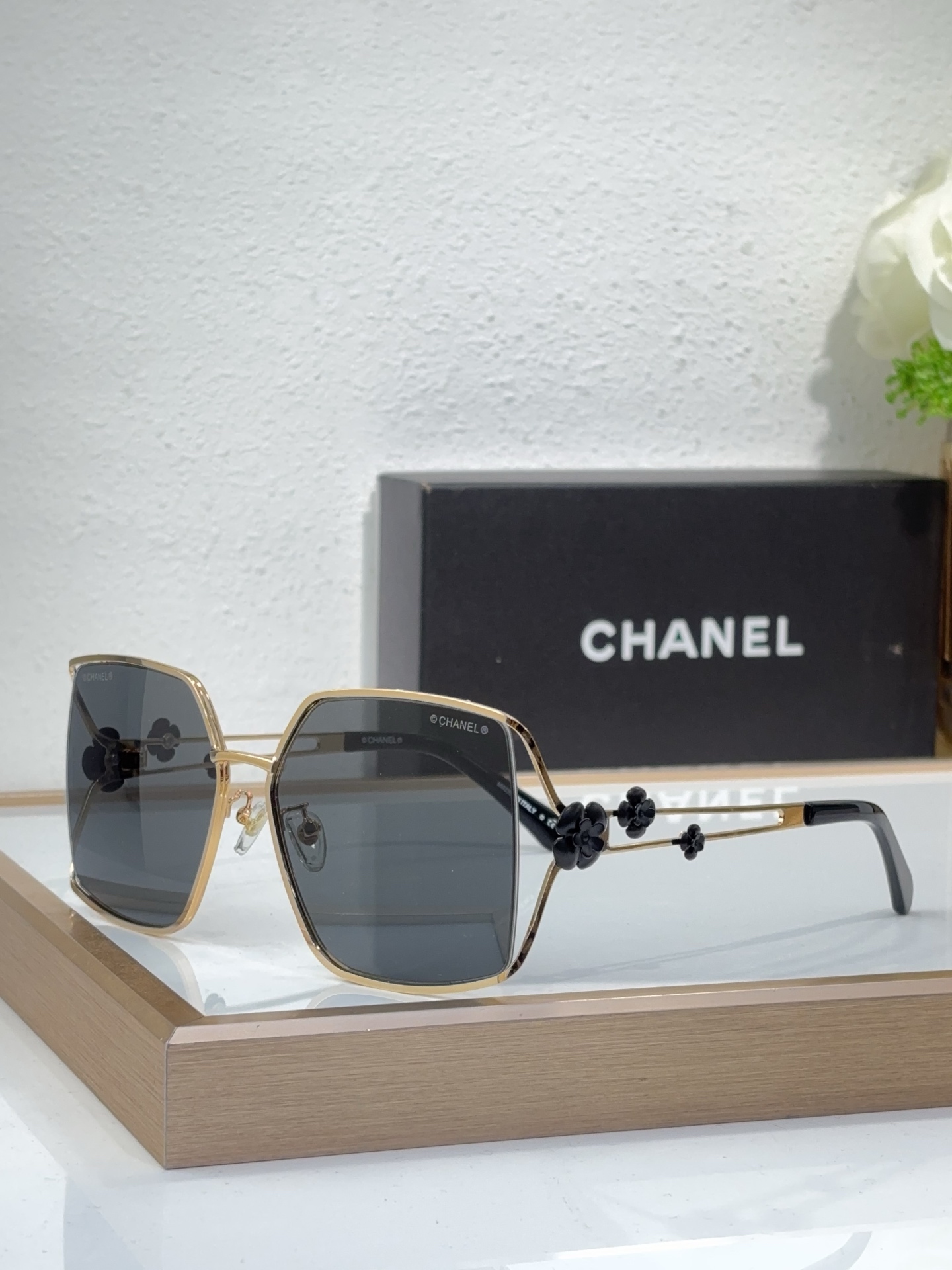 Chanel Gold - Tone Metal Square Sunglasses with Black Camellia Motifs (Model: CH4222)