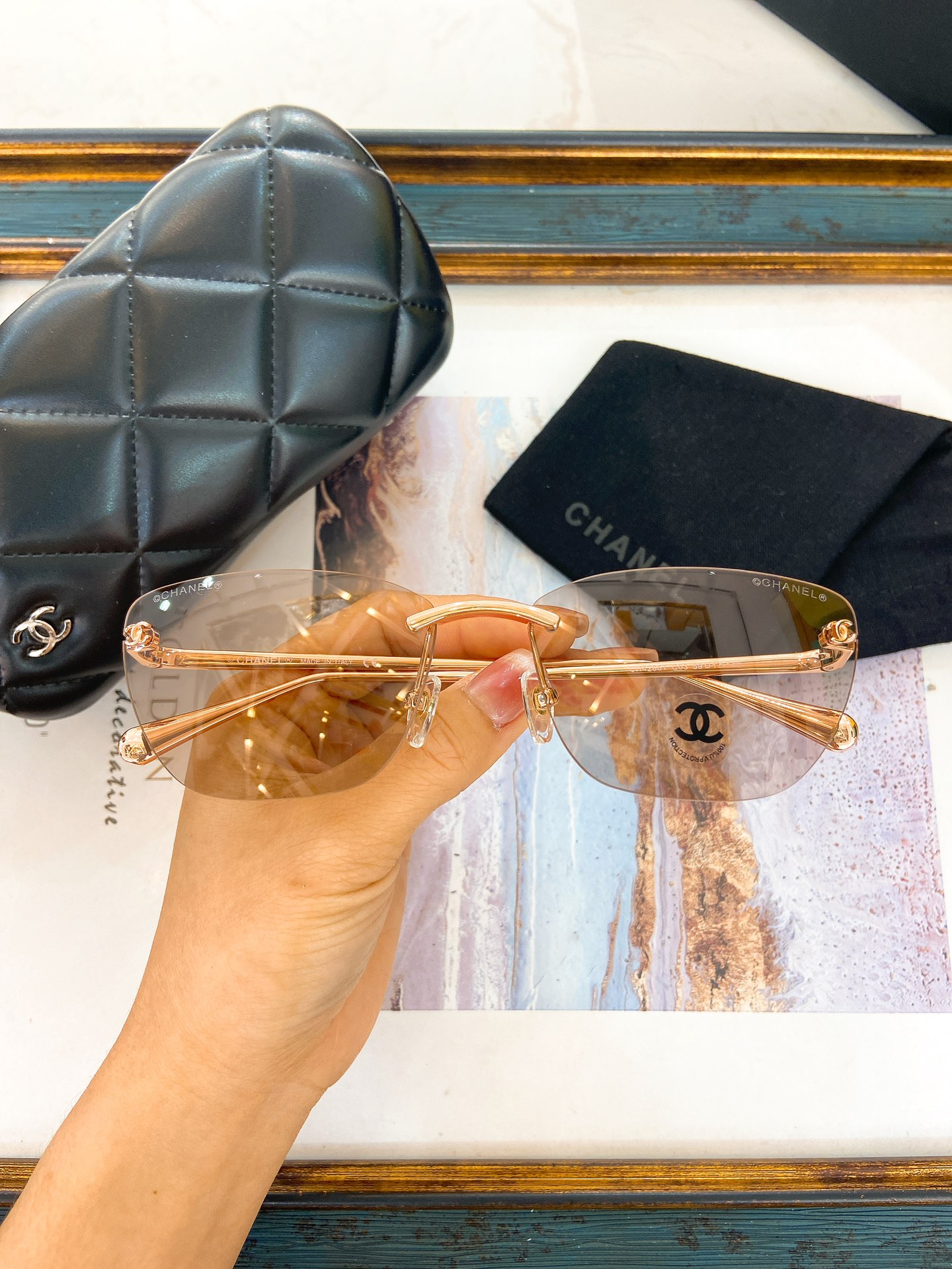 Chanel Rose - Gold Tone Rimless Rectangle Sunglasses with CC Motif (Model: CH4217)