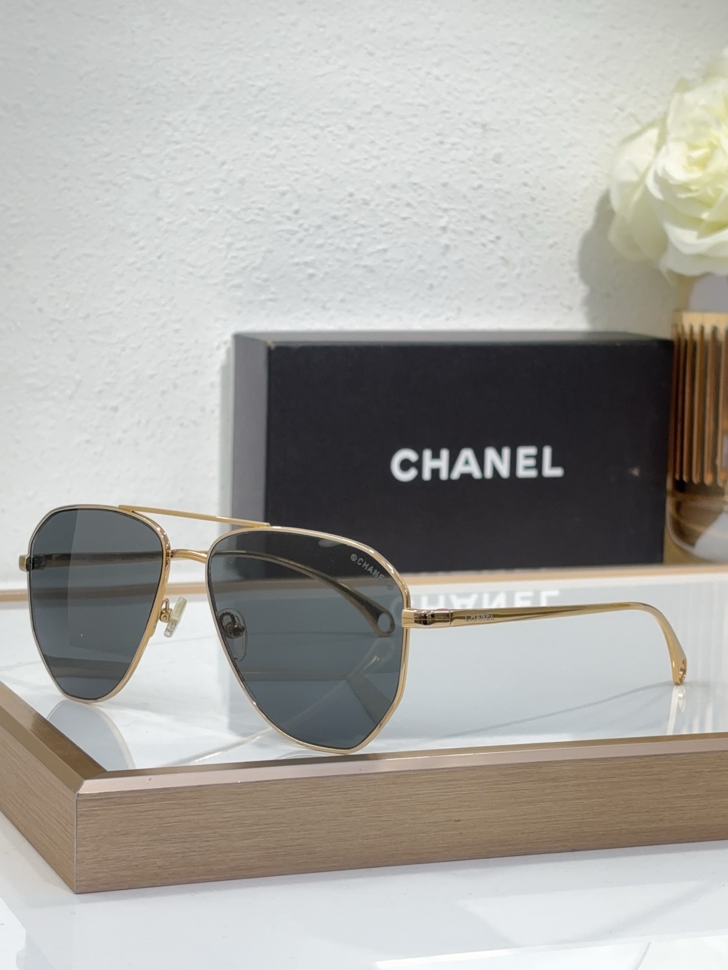 Chanel Gold - Tone Metal Aviator Sunglasses with Dark Gray Lenses (Model: CH4215)