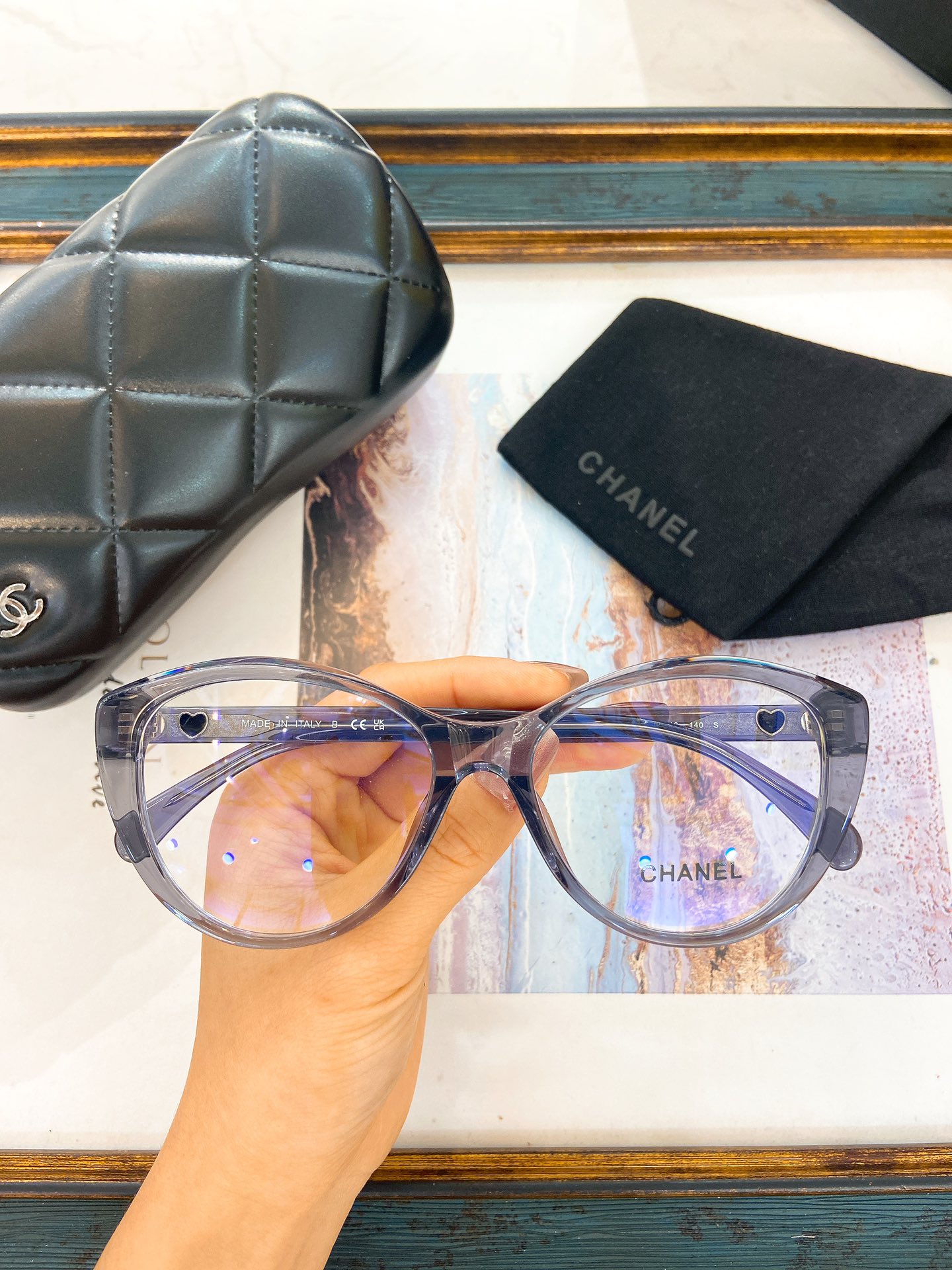 Chanel Transparent Gray Acetate Cat - Eye Optical Glasses with Heart Motifs (Model: CH3458)