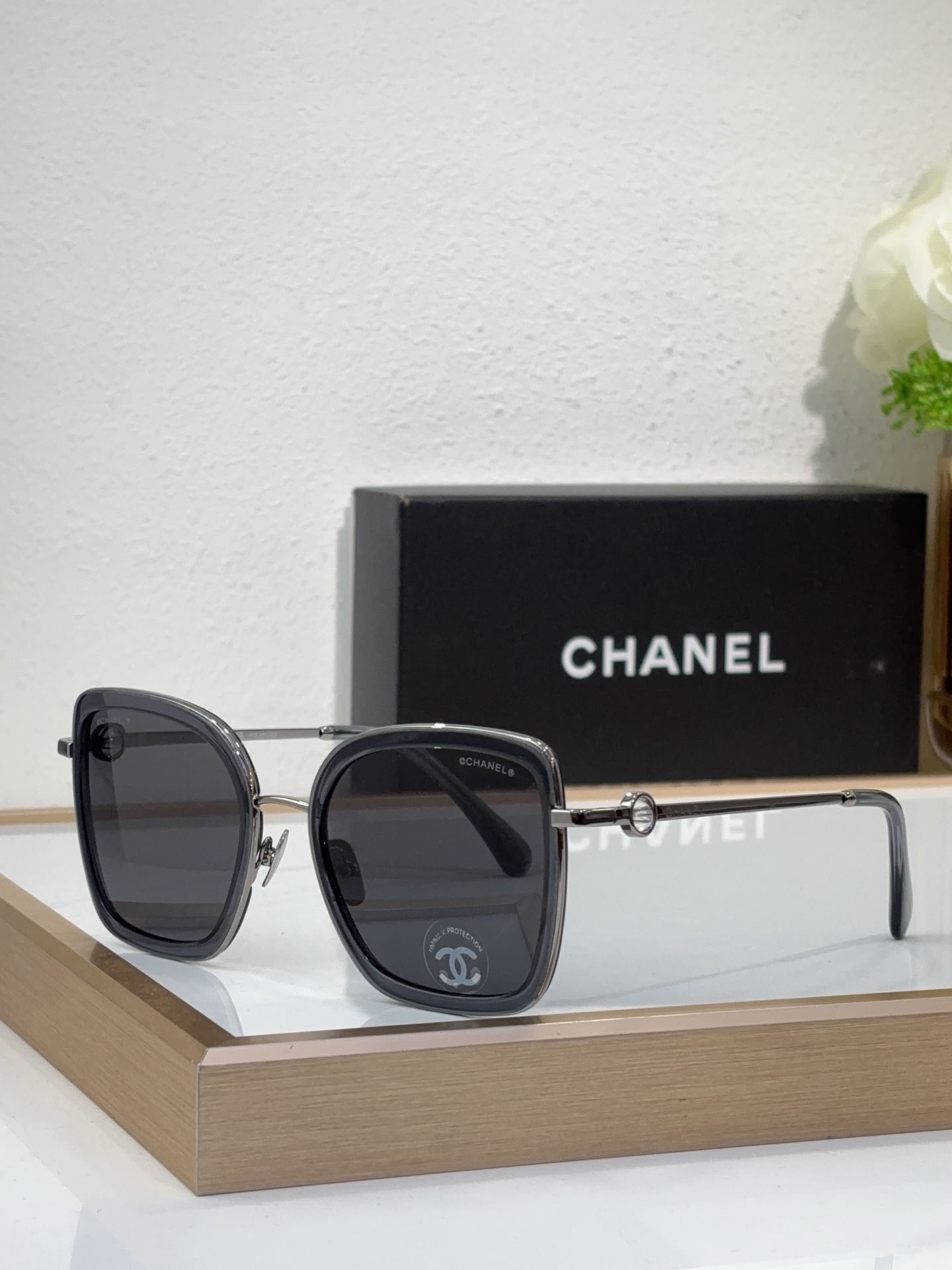 Chanel Square Metal - Acetate Sunglasses with Silver - Tone Circular Motif (Model: CH5609)