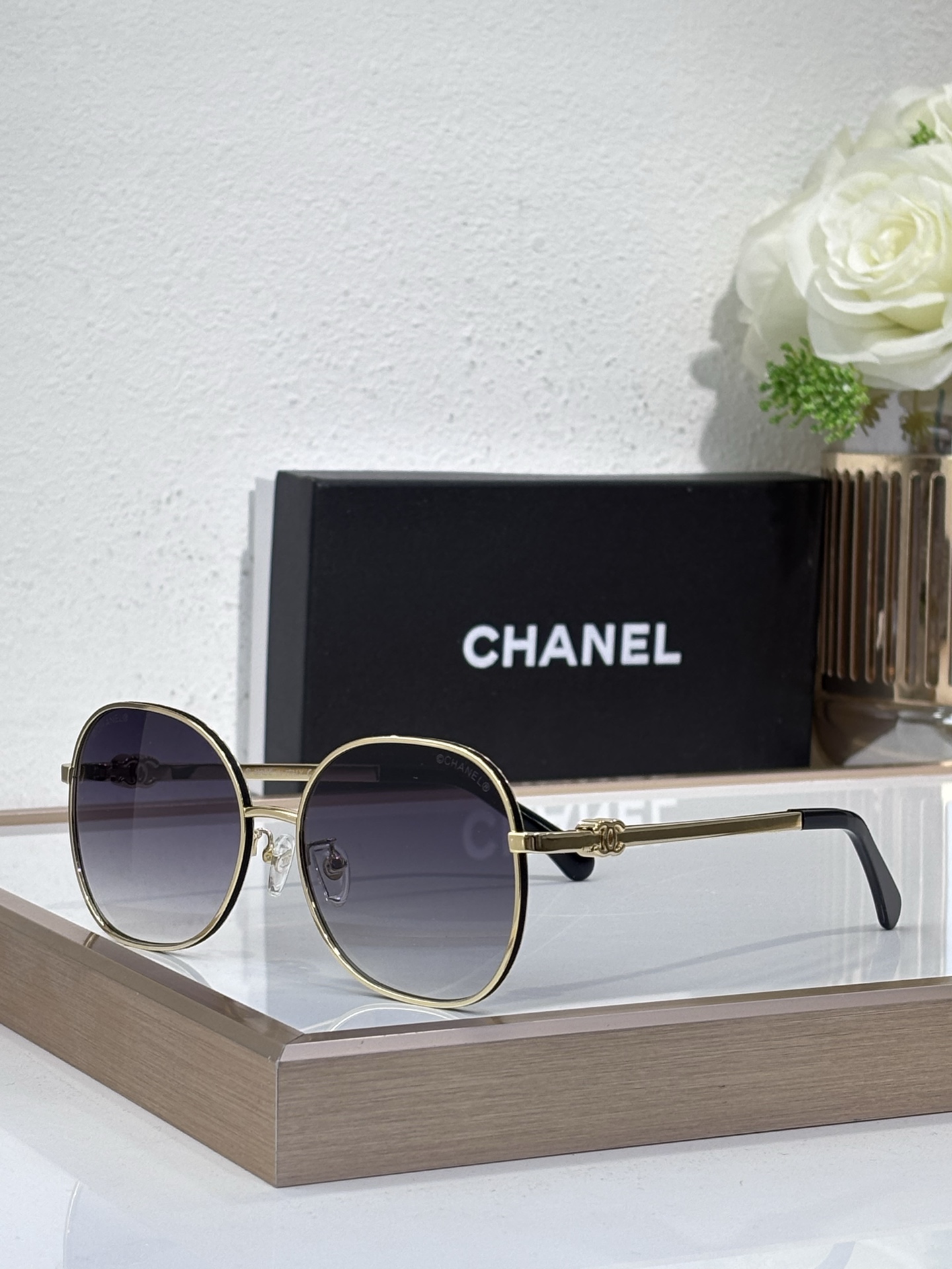 Chanel Round Metal Sunglasses with Black & Gold - Tone CC Motif (Model: CH5605)