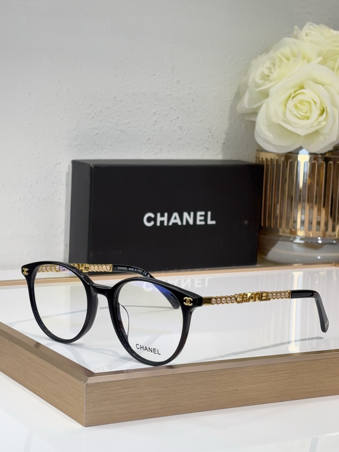 Chanel Black Acetate Round Optical Glasses with Pearl, Gold - Chain, CC & “CHANEL” Motif (Model: CH0193)