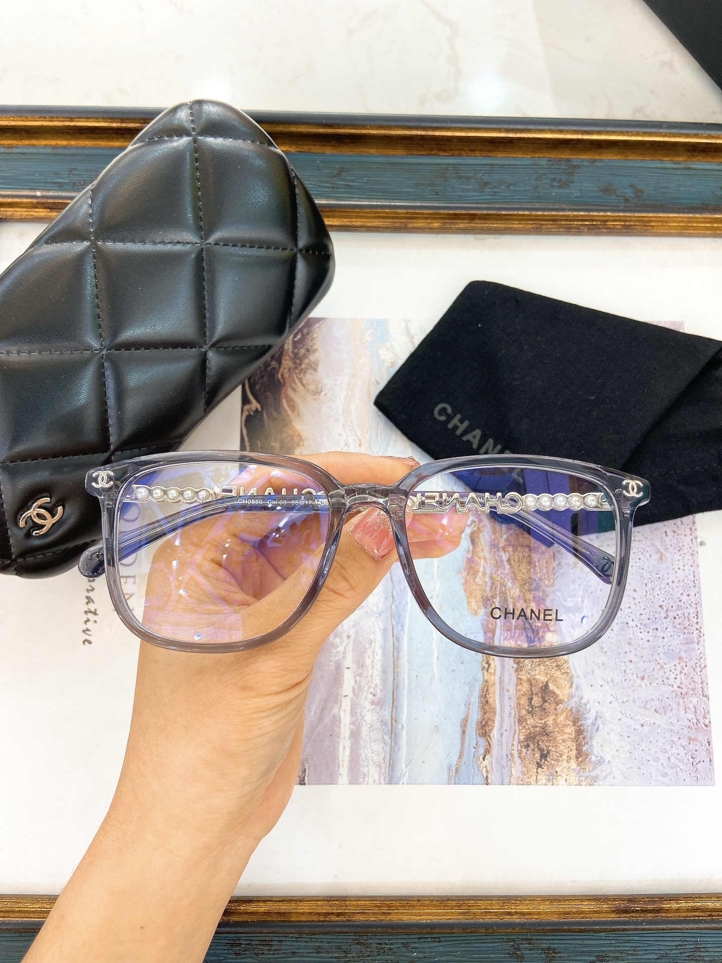 Chanel Transparent Gray Acetate Square Optical Glasses with Pearl, Metal Chain & CC Motif (Model: CH0192)