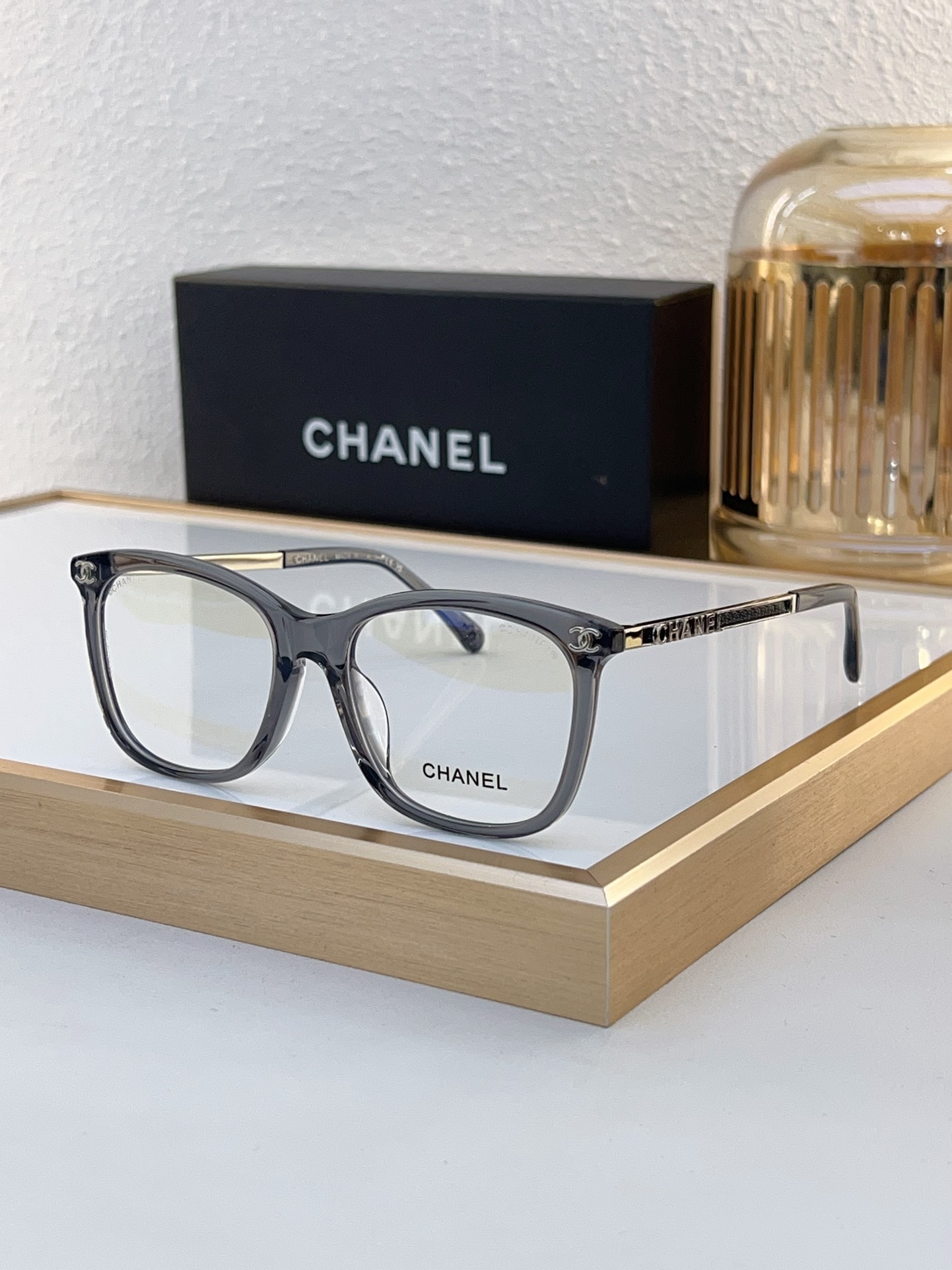 Chanel Black Acetate Square Optical Glasses with Gold - Tone CC Motif (Model: CH0189)