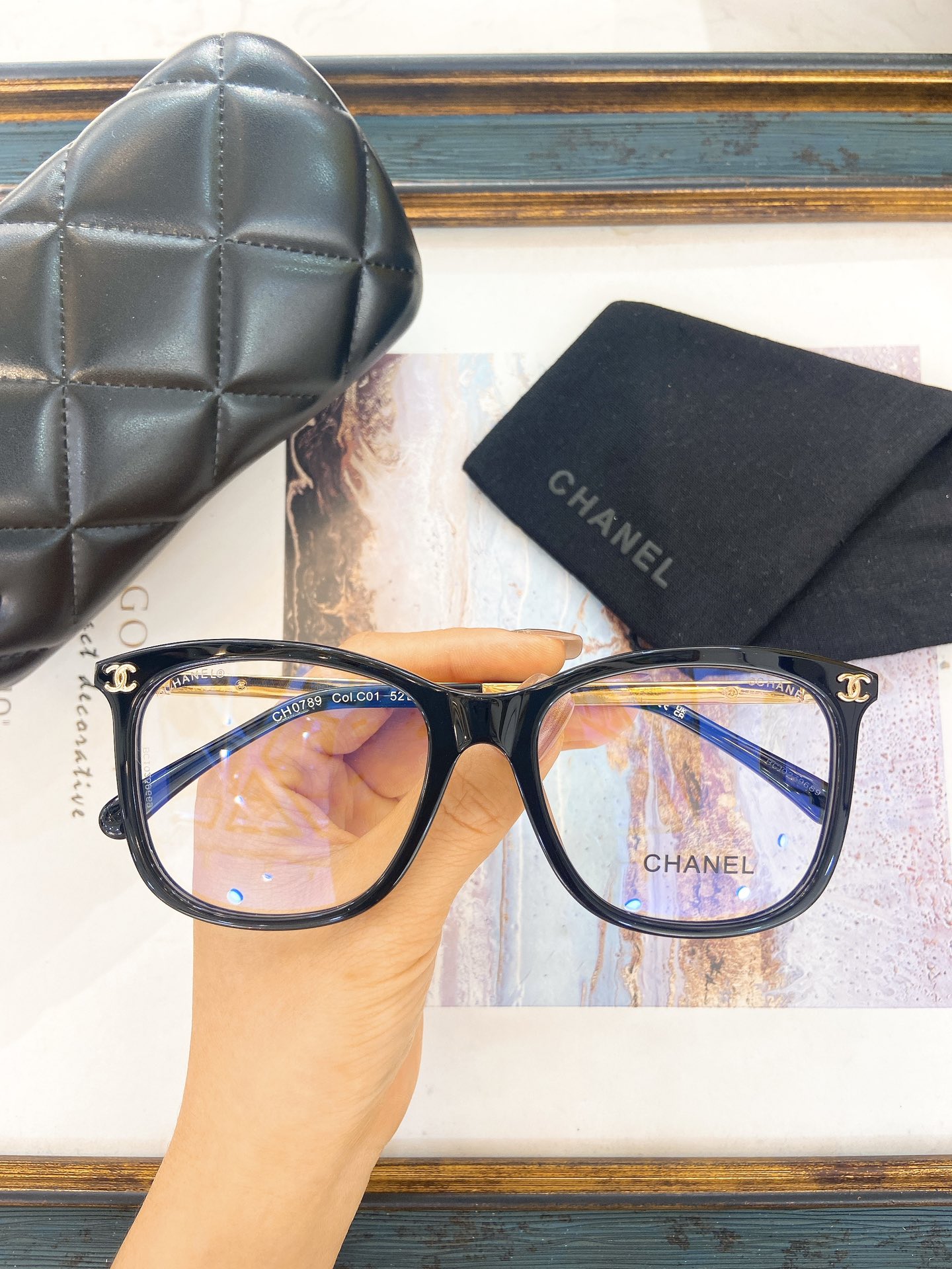 Chanel Black Acetate Square Optical Glasses with Gold - Tone CC Motif (Model: CH0189)