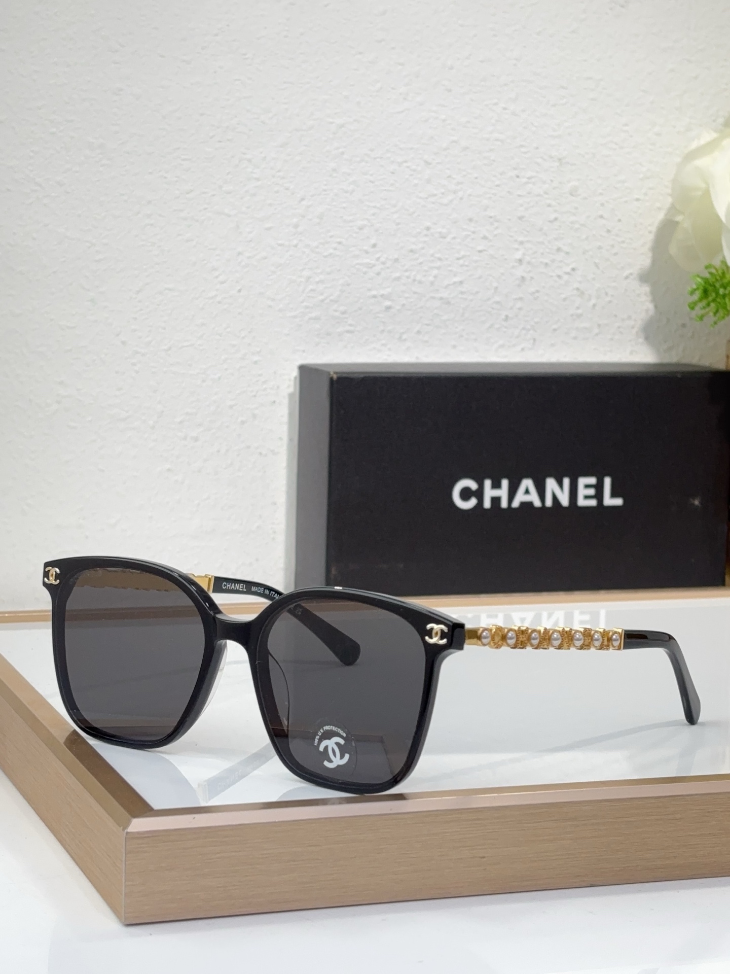 Chanel Black Acetate Square Sunglasses with Gold - Tone, Pearl & CC Motif (Model: CH5597)