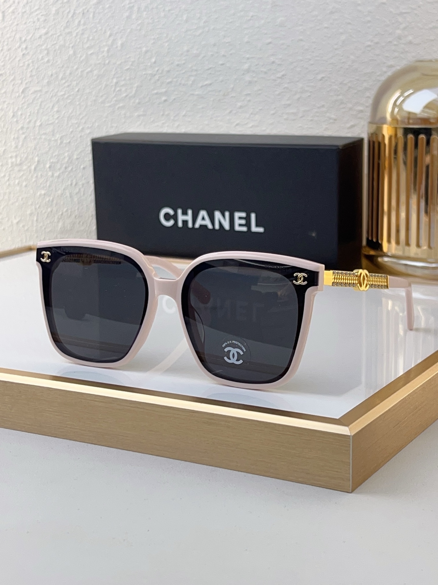 Chanel Black Acetate Square Sunglasses with Gold - Tone CC & Chain - Motif Detailing (Model: CH5593)