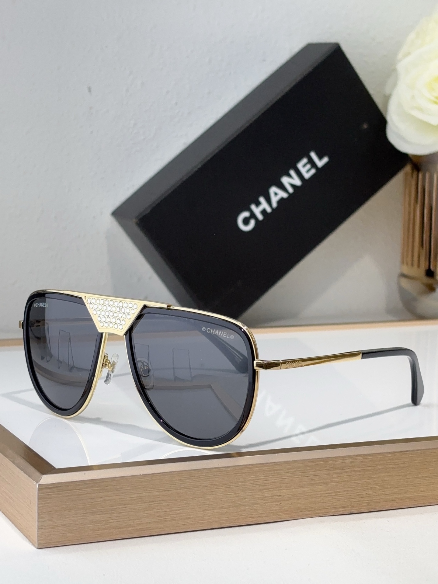 Chanel Gold - Tone Metal Aviator Sunglasses with Crystal - Embellished Brow Bar (Model: CH5575)