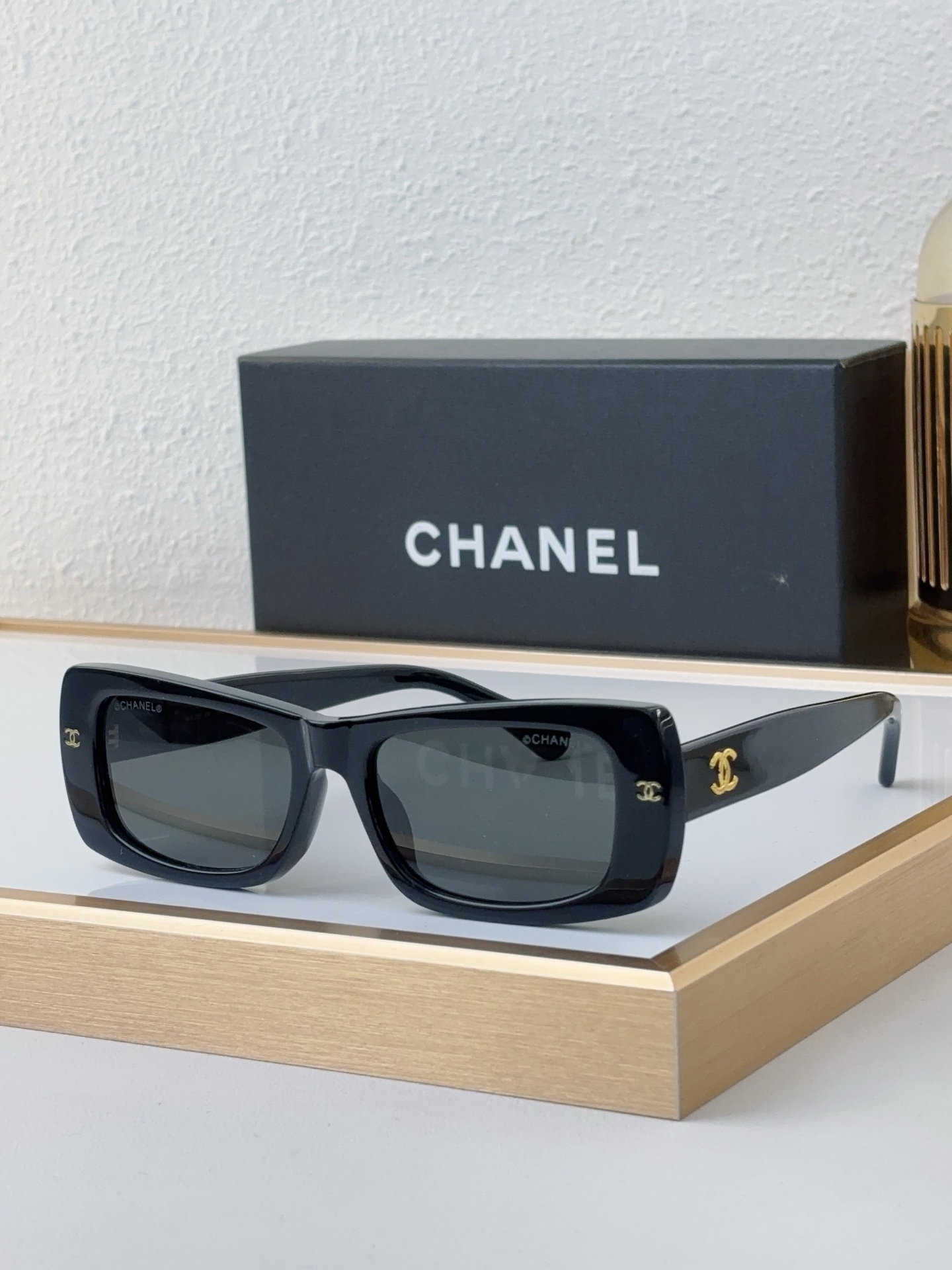 Chanel Black Acetate Rectangular Sunglasses with Gold - Tone CC Motif (Model: CH5572)