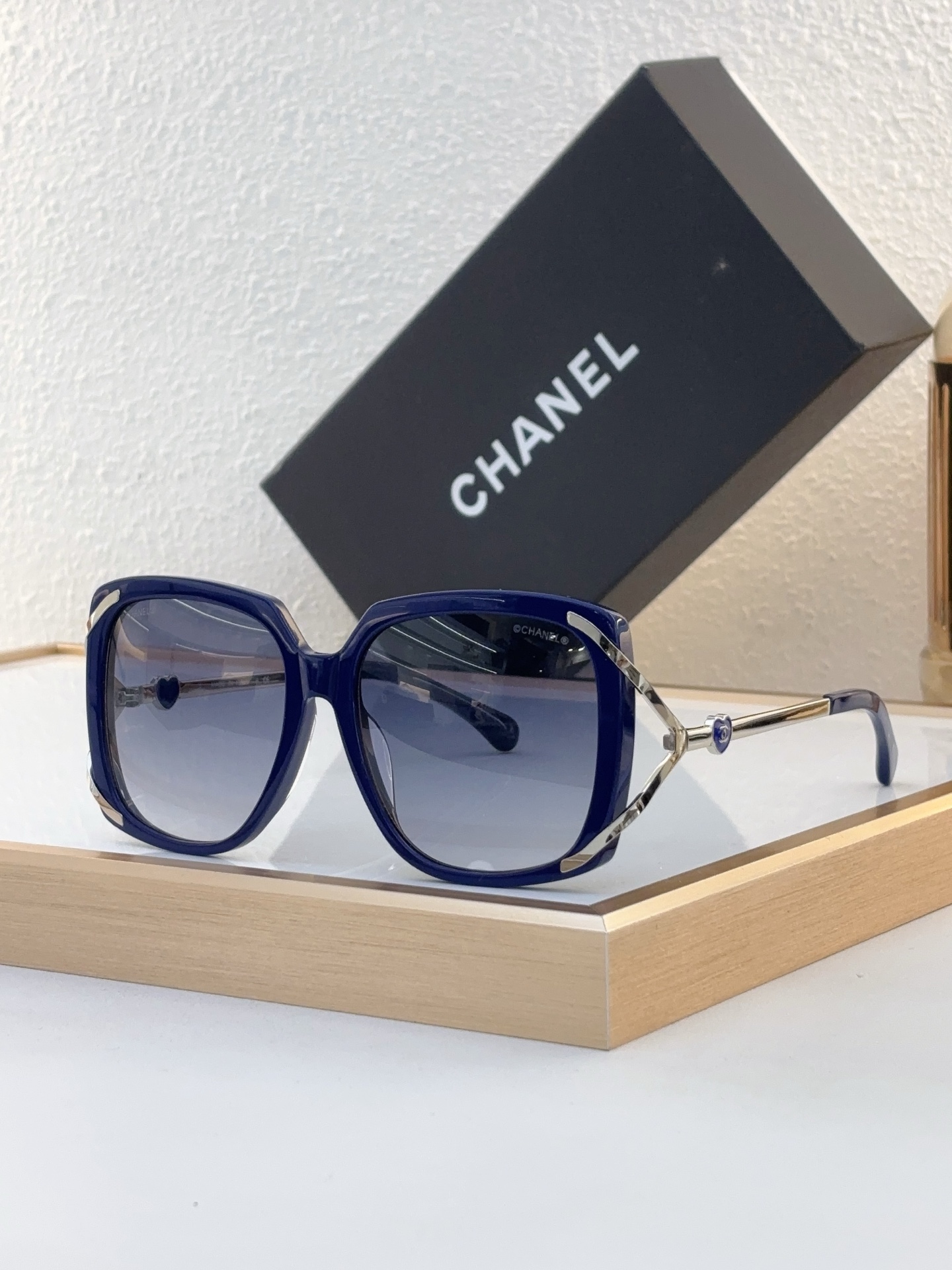 Chanel Navy Acetate Square Sunglasses with Silver - Tone Geometric Metal Accents (Model: CH5563)