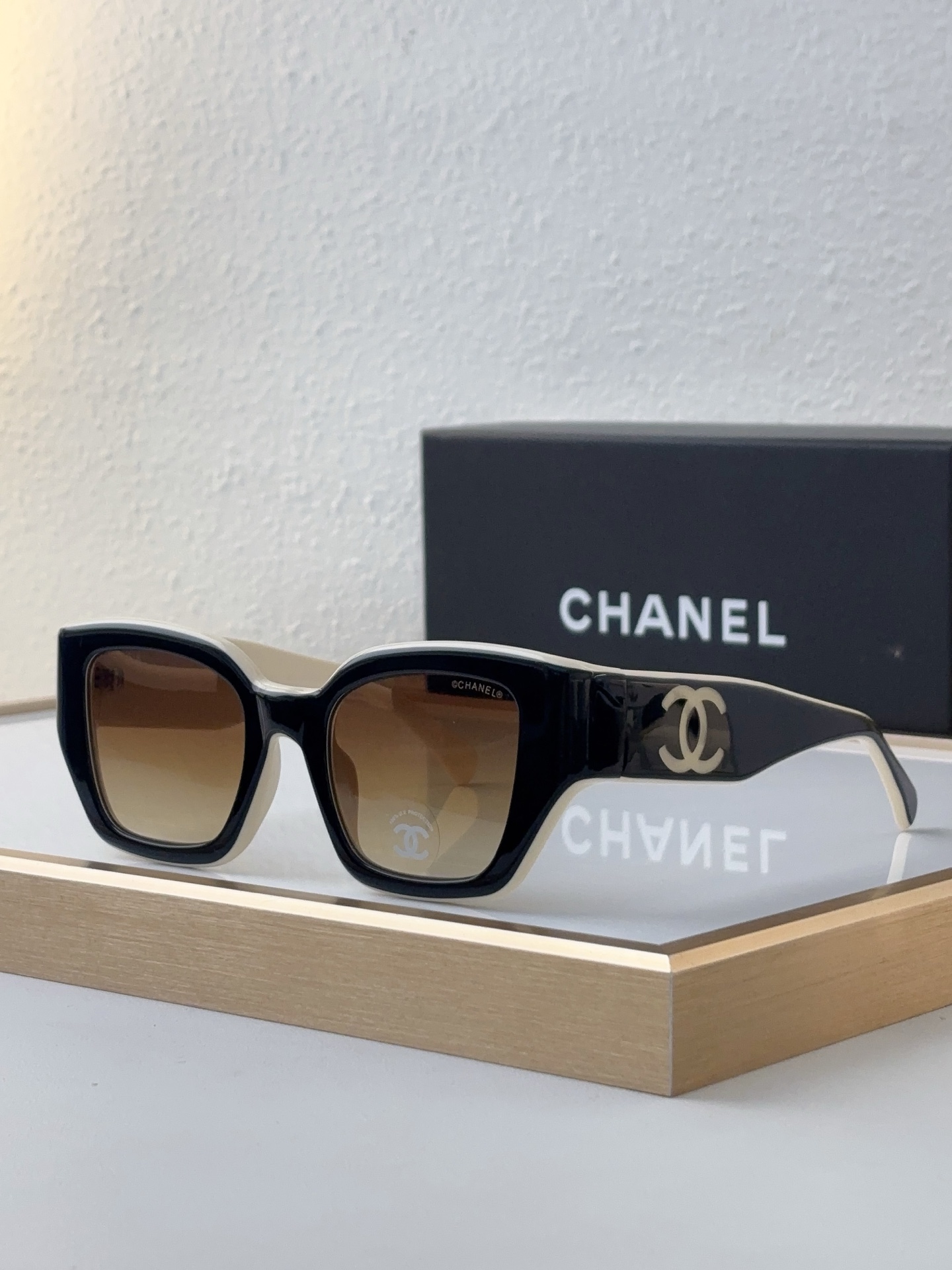 Chanel Two - Tone Black - Beige Acetate Square Sunglasses with CC Motif (Model: CH5551)