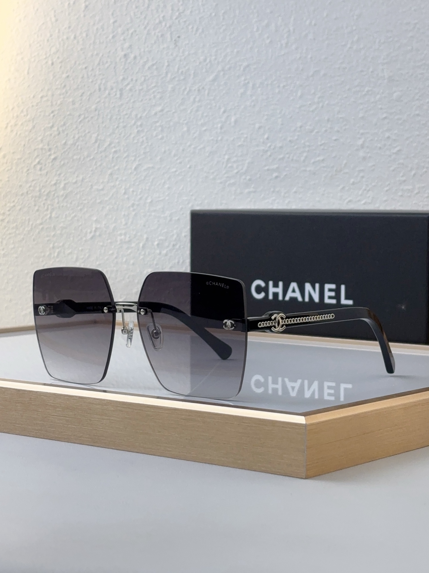 Chanel Square Metal - Frame Sunglasses with Silver - Tone Chain & CC Motif (Model: CH5547)