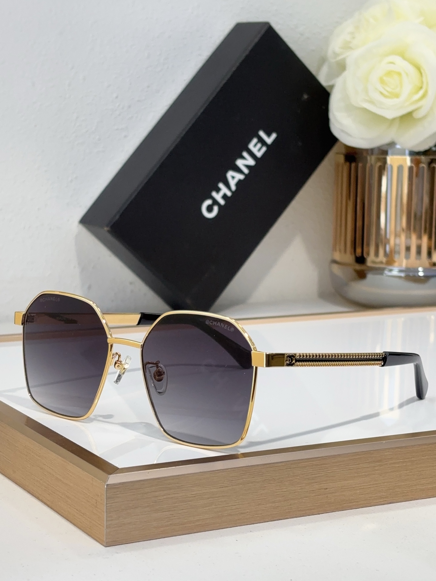 Chanel Gold - Tone Metal Hexagonal Sunglasses with Chain - Linked Temples & CC Motif (Model: CH5545)