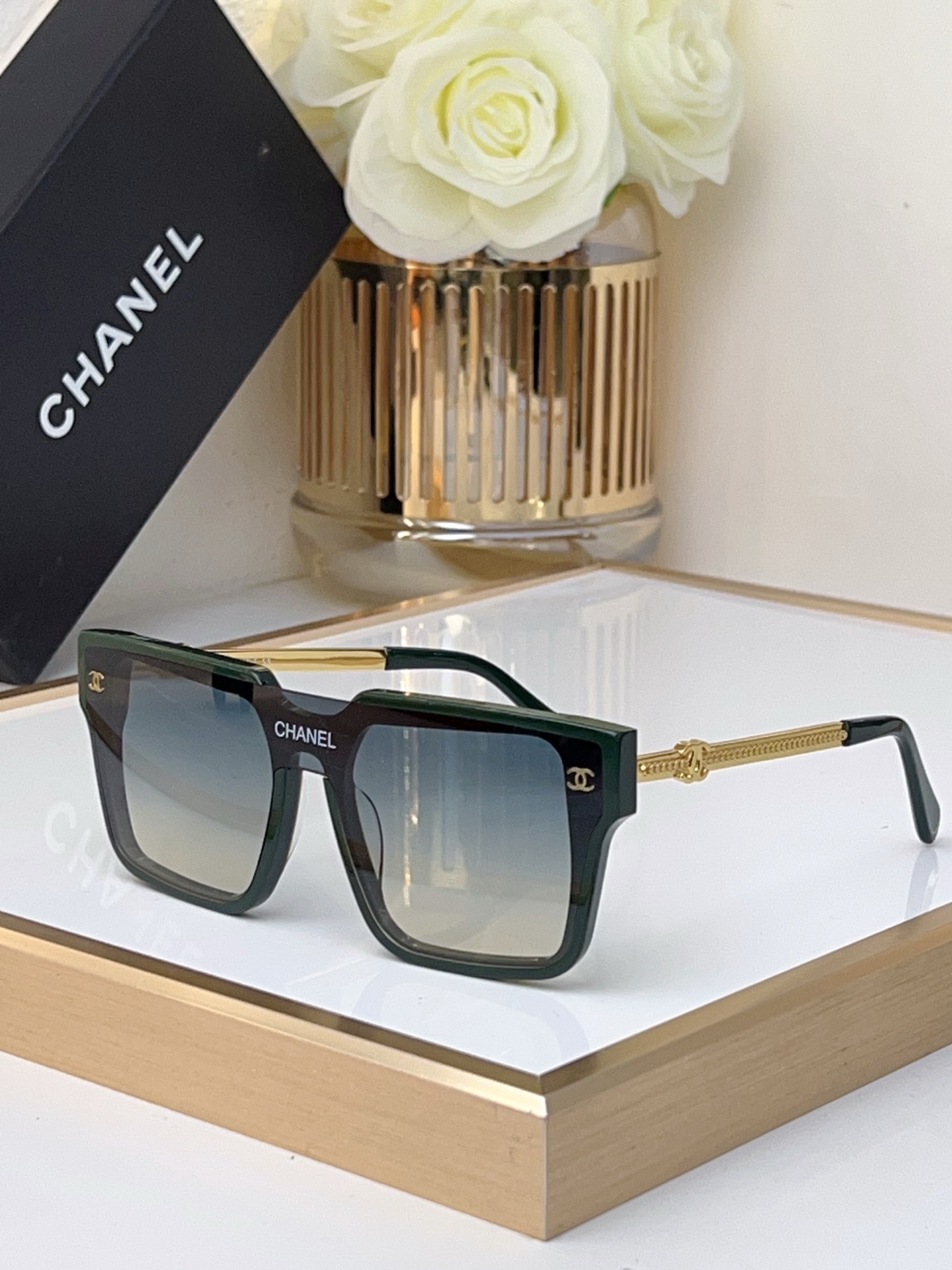 Chanel Black - Translucent Square Sunglasses with Silver - Tone Chain & CC Motif (Model: CH5544)