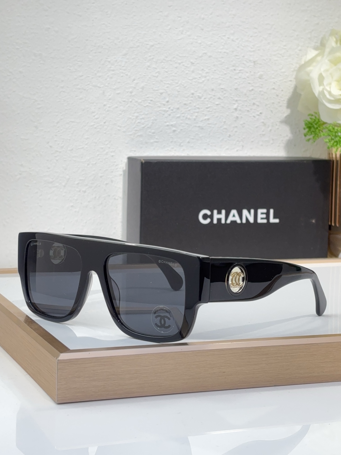 Chanel Black Acetate Square Sunglasses with Gold - Tone CC Motif (Model: CH5541)