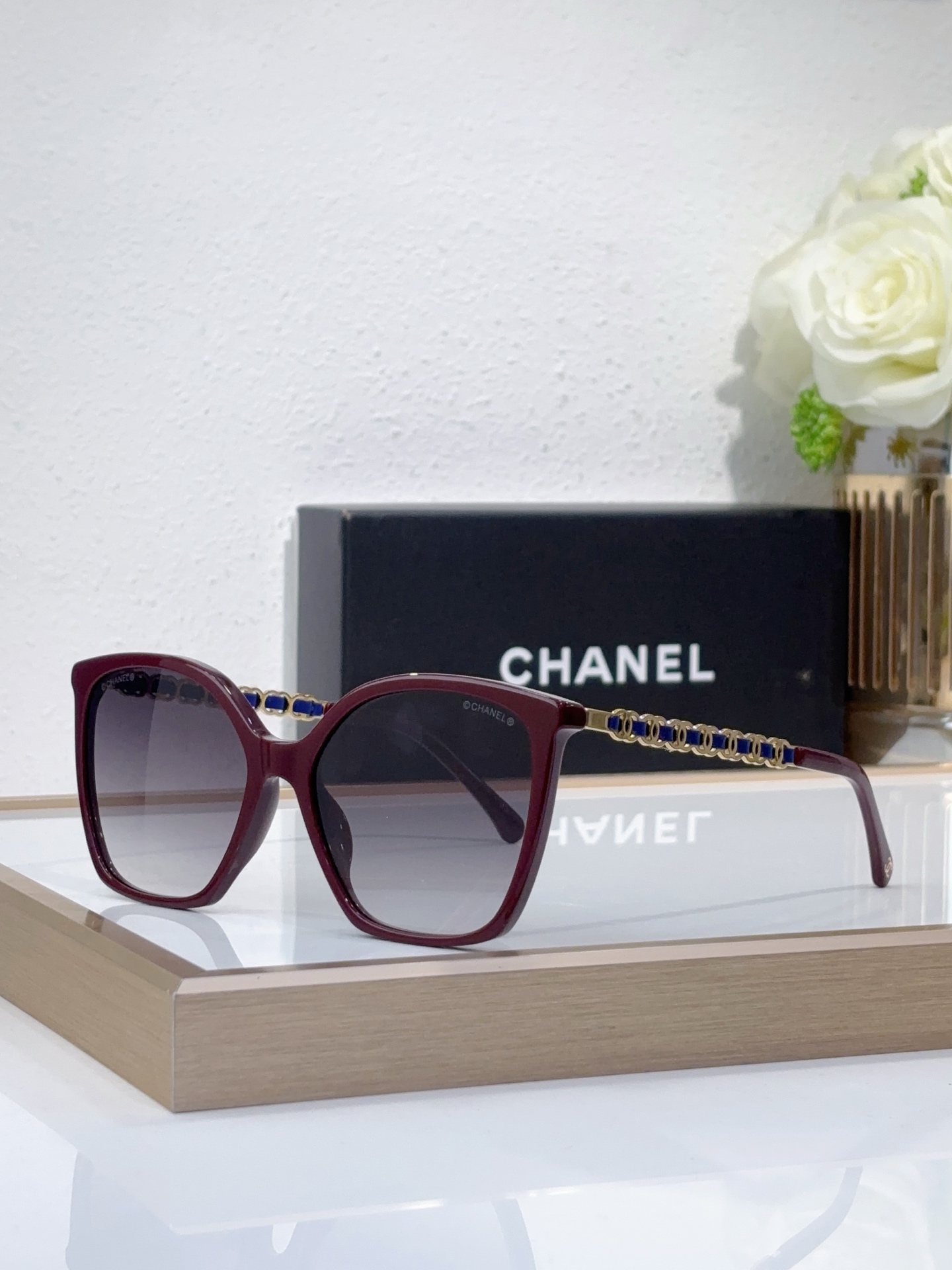 Chanel Black Acetate Square Sunglasses with Braided Metal Temples (Model: CH5539)
