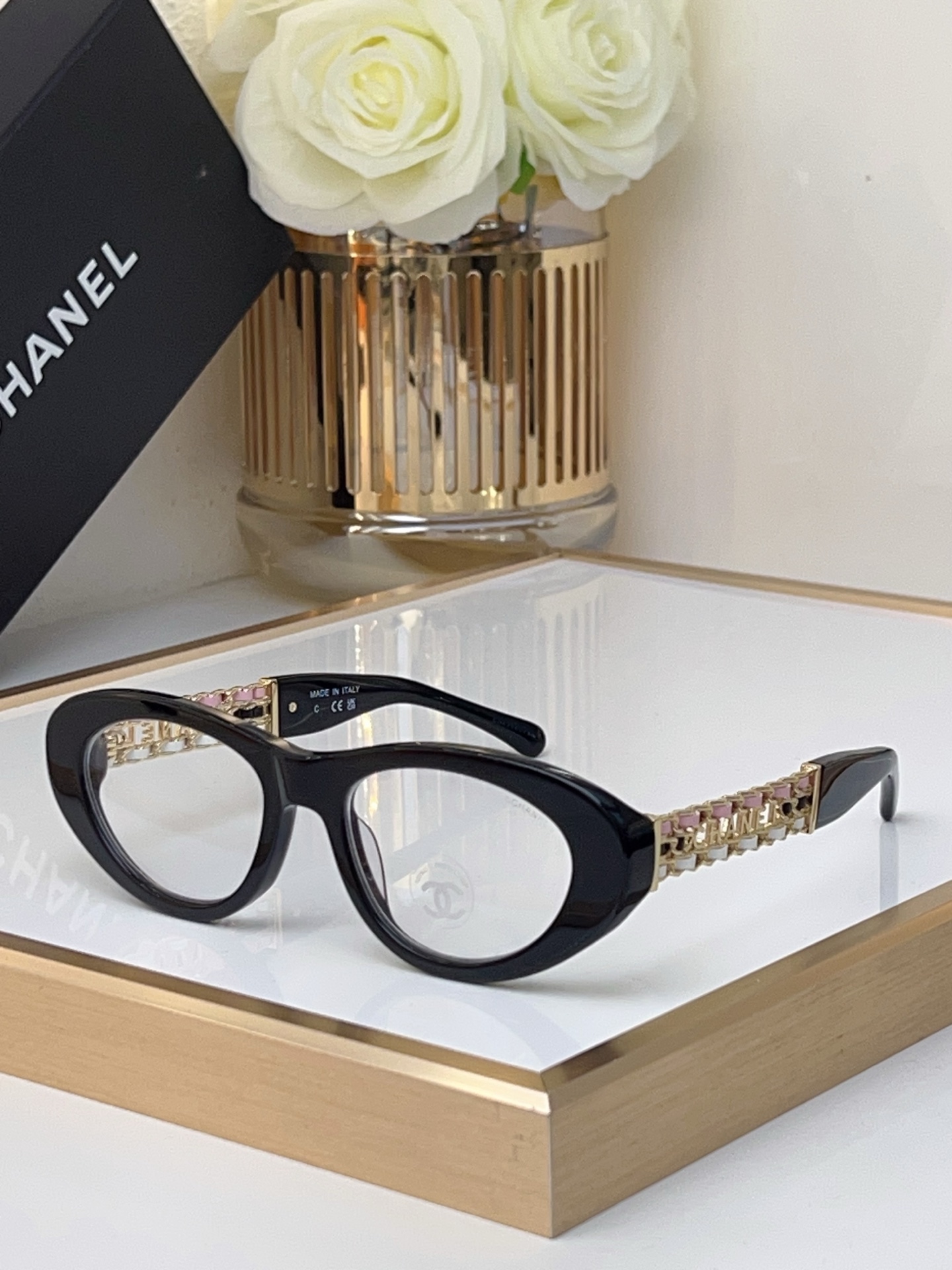 Chanel Dark Green Acetate Oval Optical Frames with Burgundy Chain - Textured Accents (Model: CH3527)