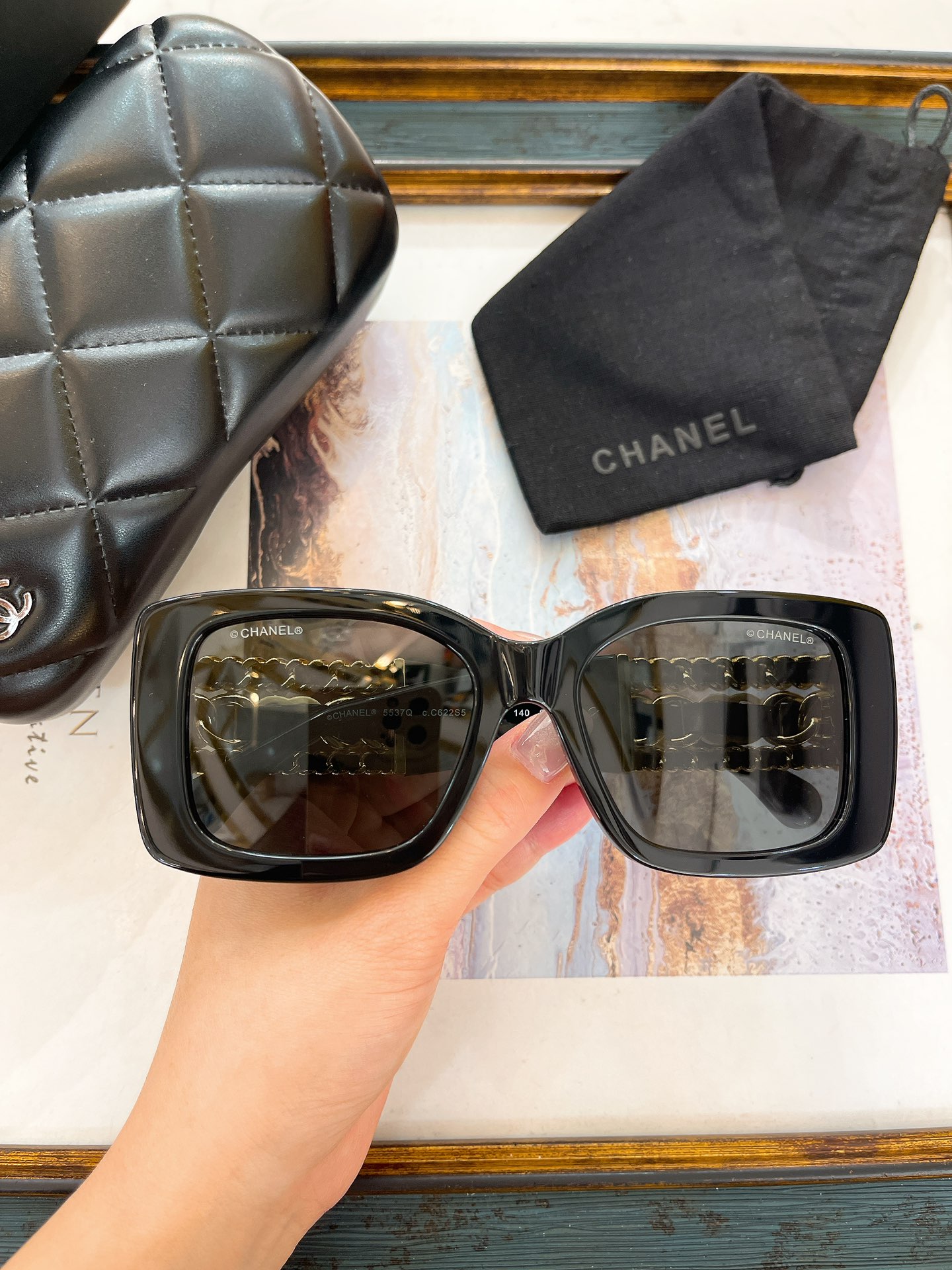 Chanel Amber - Tinted Acetate Square Sunglasses with Gold Chain & CC Motifs (Model: CH5536)