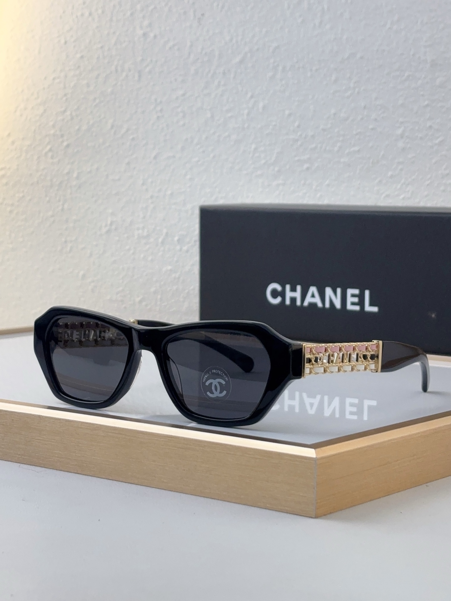 Chanel Black Acetate Polygonal Sunglasses with Gold - Tone Metal, Pink Accents & CC Motifs (Model: CH5535)