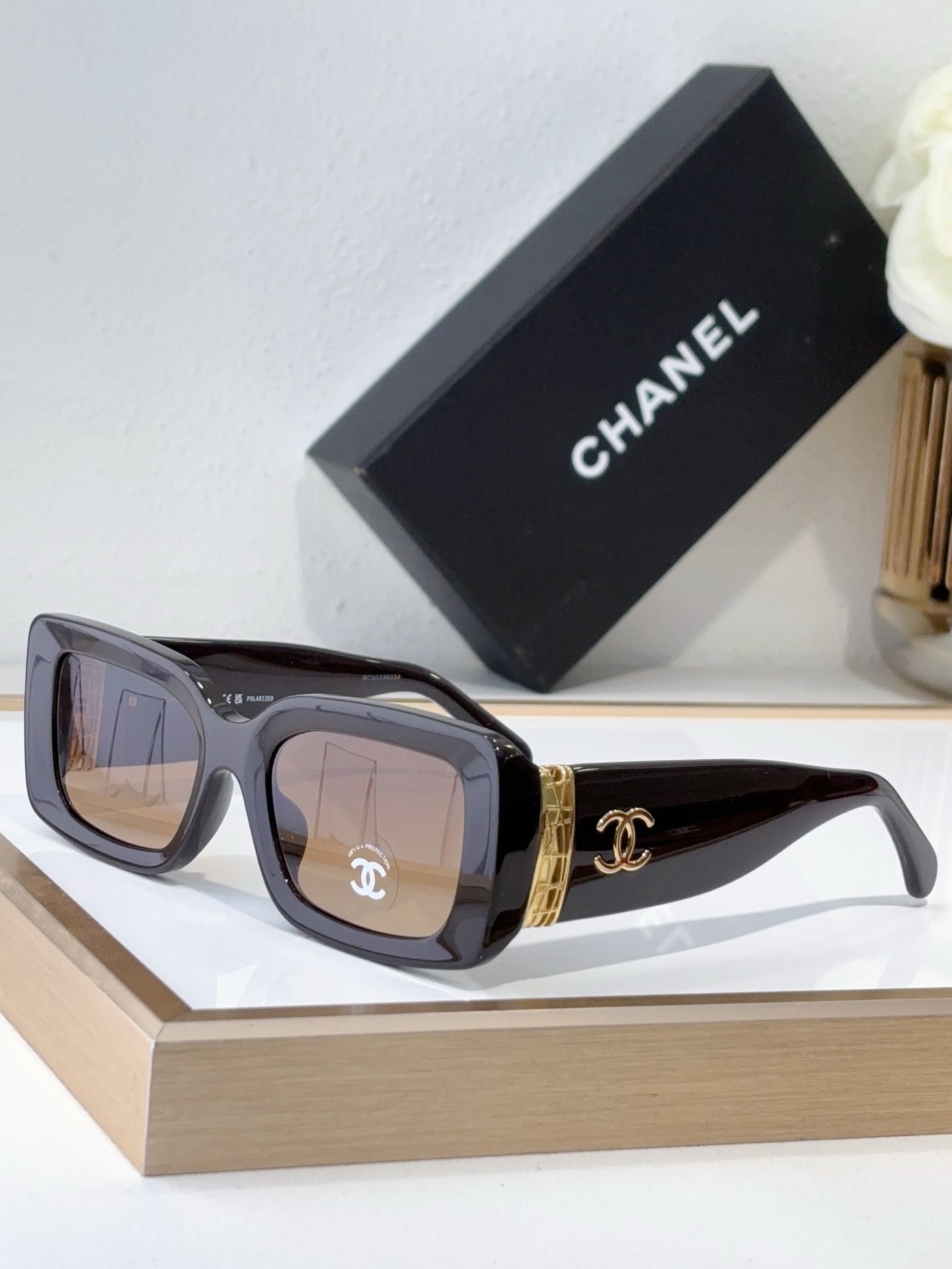 Chanel Olive Green Acetate Square Sunglasses with Gold - Tone Metal Accents (Model: CH5529)