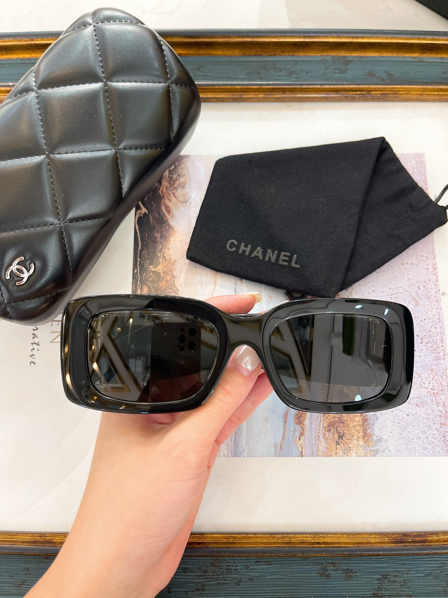Chanel Olive Green Acetate Square Sunglasses with Gold - Tone Metal Accents (Model: CH5529)
