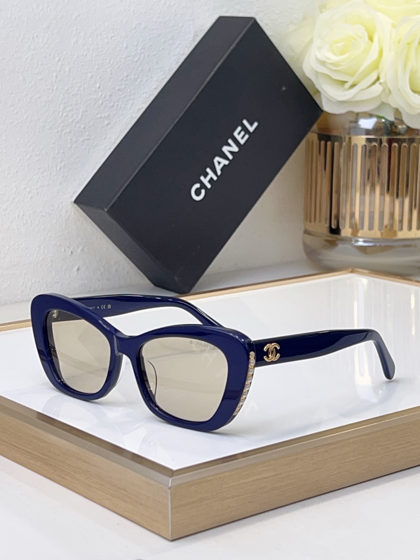 Chanel Navy Blue Acetate Cat - Eye Sunglasses with Crystal Embellishments & Gold CC Accents (Model: CH5522)