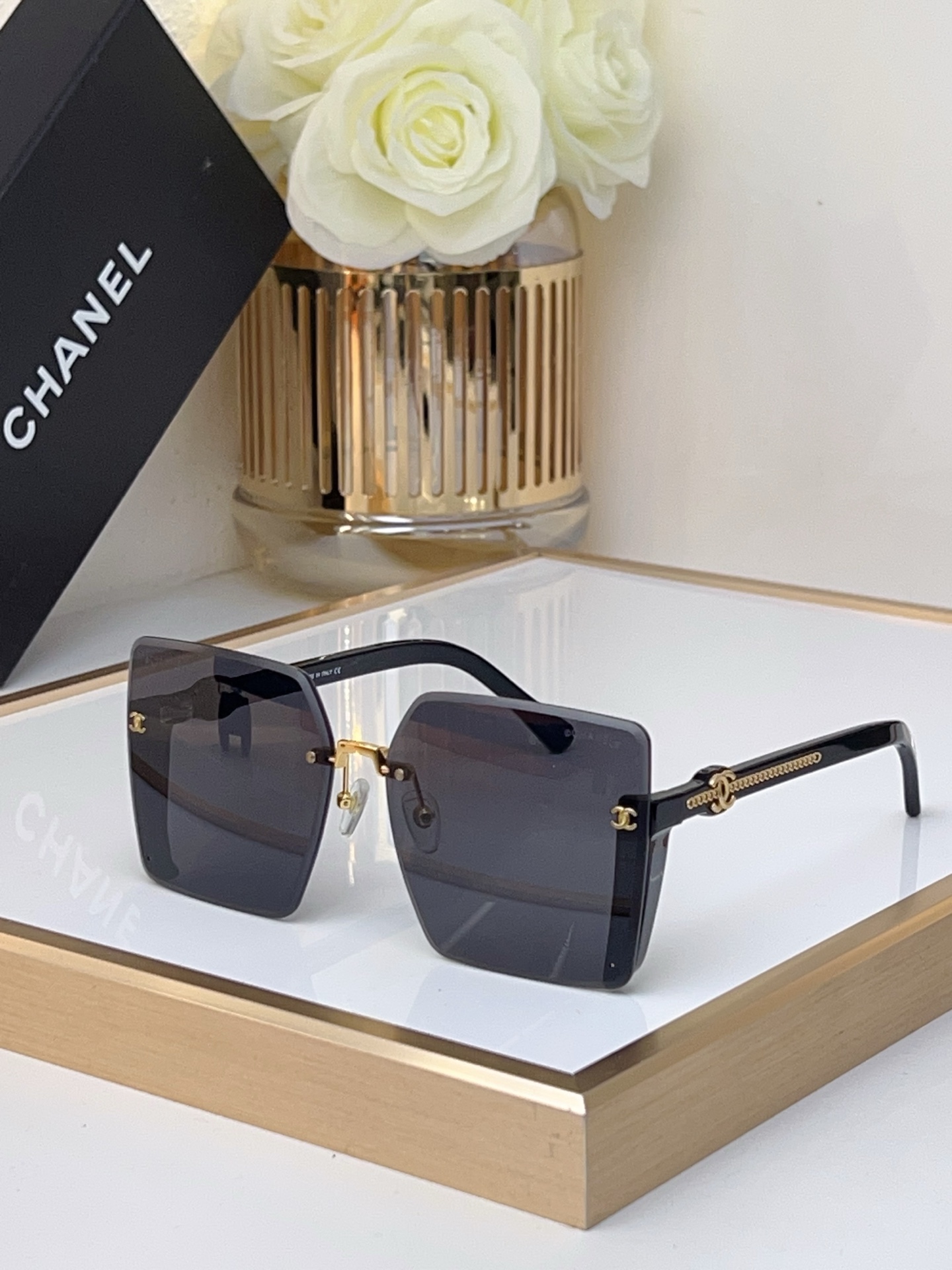 Chanel Black & Gold - Tone Metal Square Semi - Rimless Sunglasses with Chain & CC Accents (Model: CH5521)
