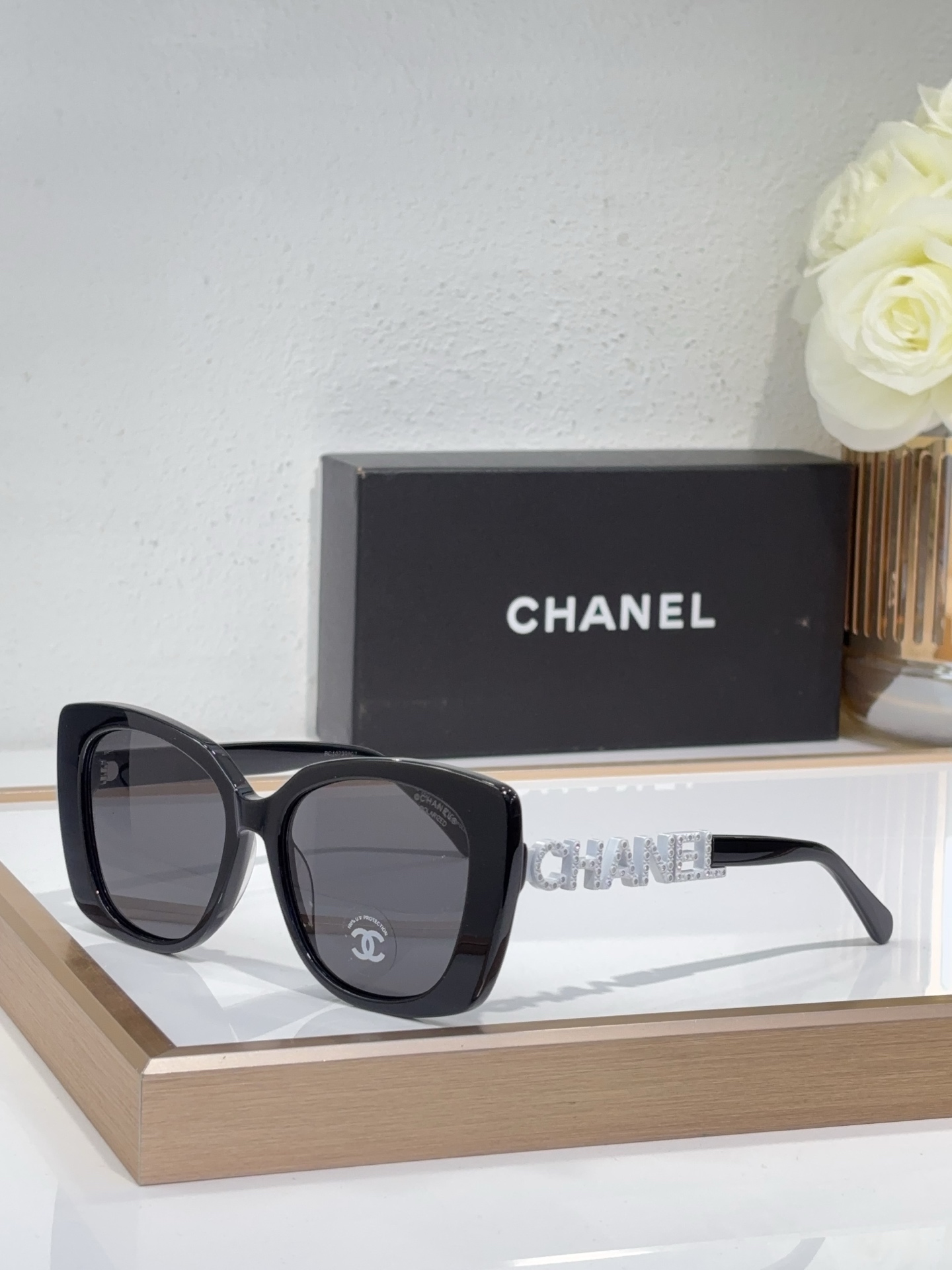Chanel Tortoiseshell Acetate Cat - Eye Sunglasses with Crystal - Embellished CHANEL Logo (Model: CH5520)