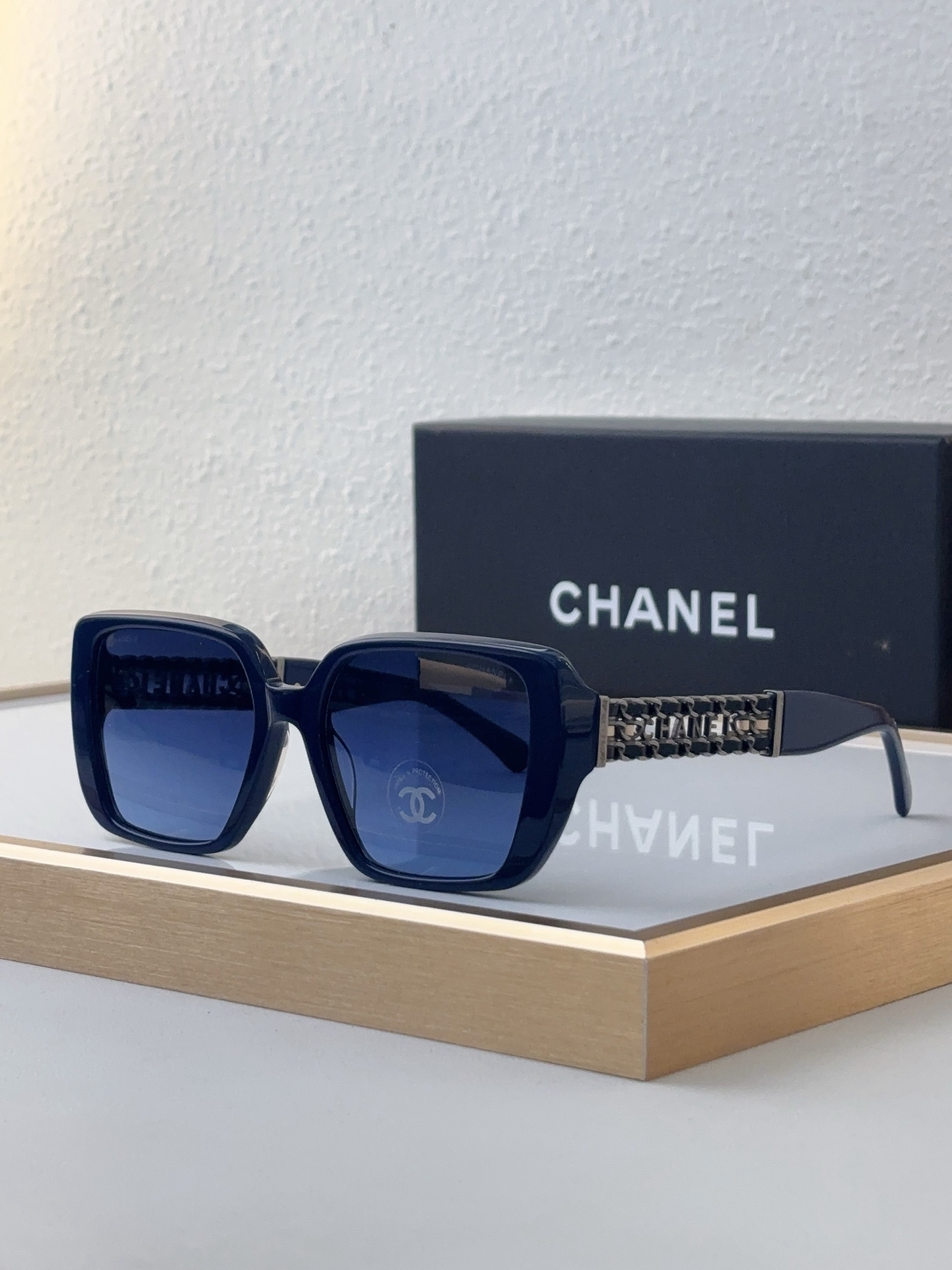 Chanel Navy Blue Acetate Square Sunglasses with Silver - Tone Chain & CHANEL Accents (Model: CH5509)