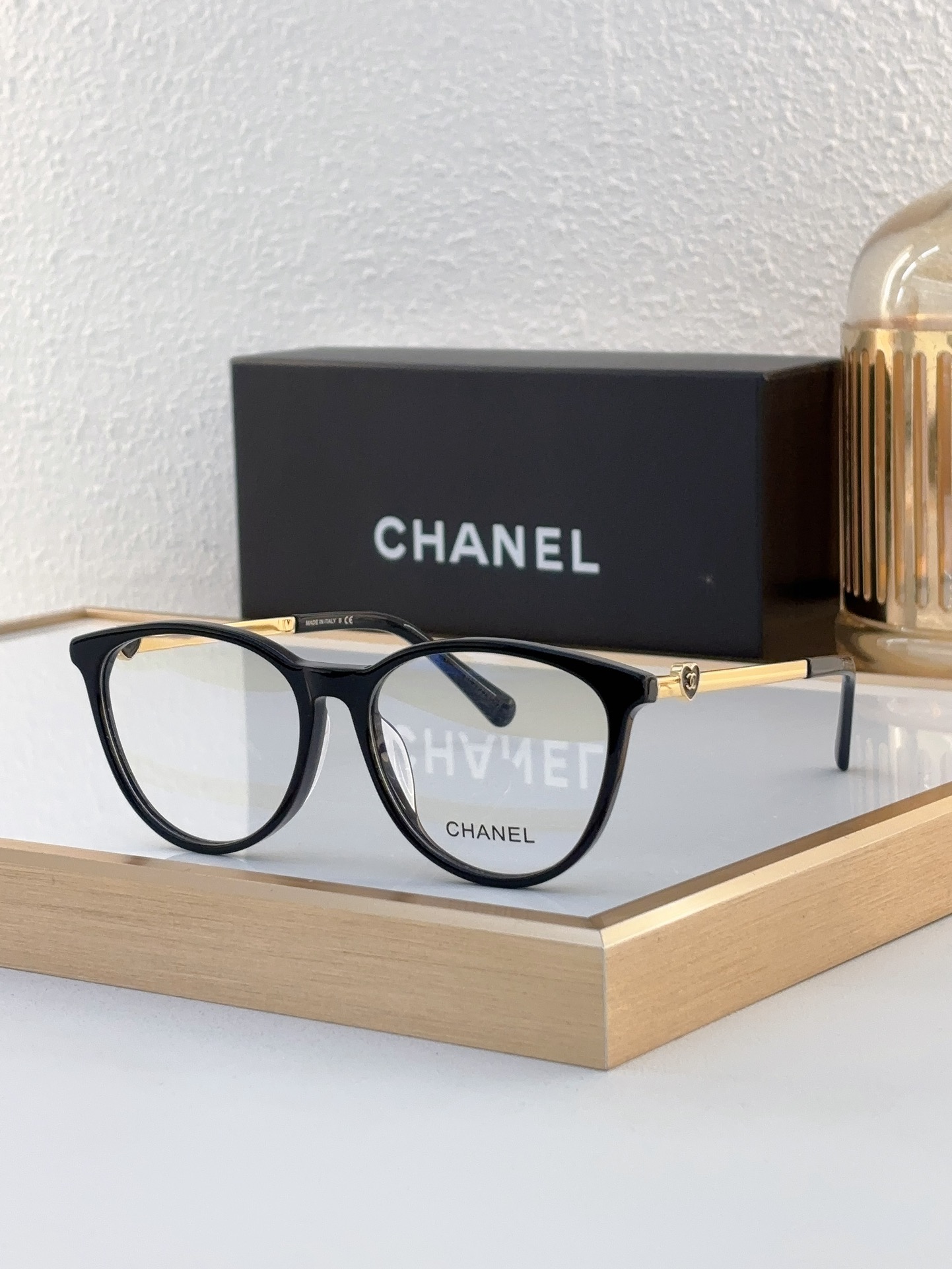 Chanel Black Acetate Round Optical Frames with Gold CC Accents (Model: CH3496)