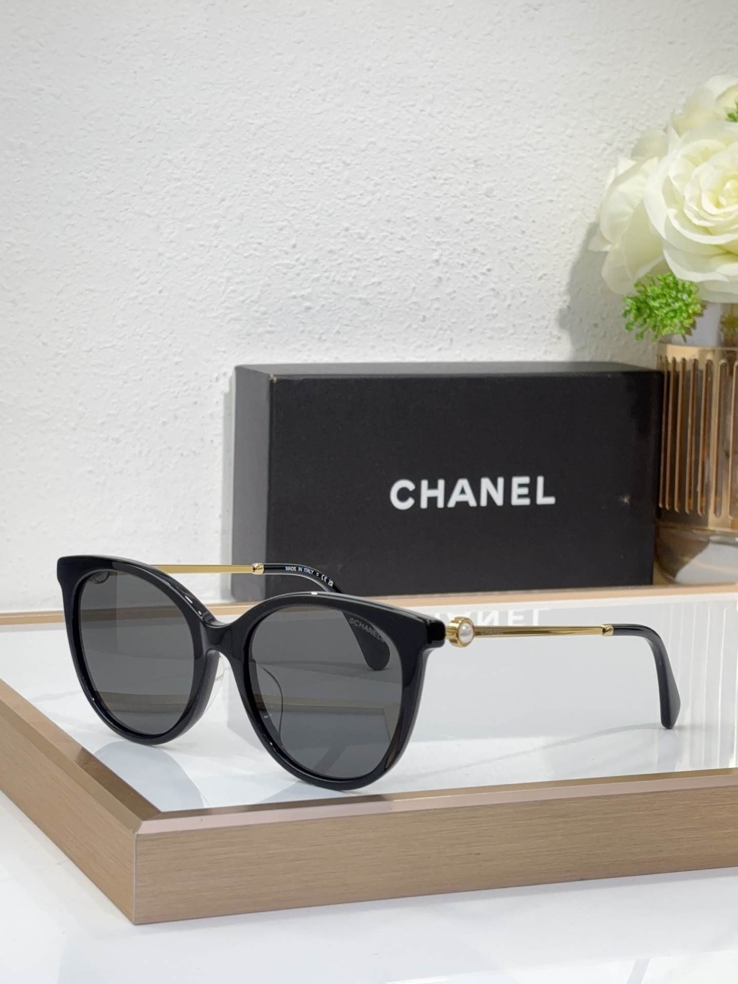 Chanel Black Acetate Cat - Eye Sunglasses with Pearl & Gold CC Accents (Model: CH5503)