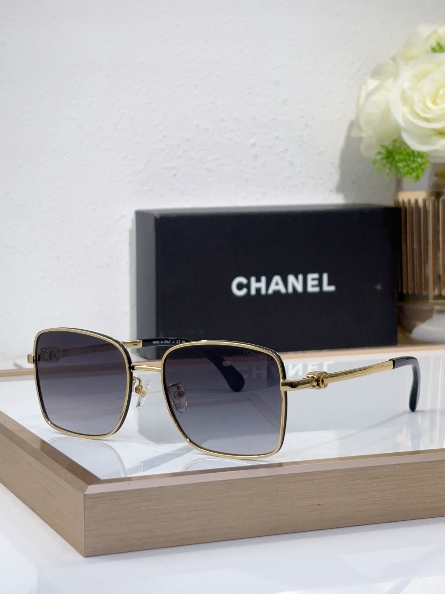 Chanel Gold - Tone Metal Square Sunglasses with Gradient Gray Lenses (Model: CH5500)