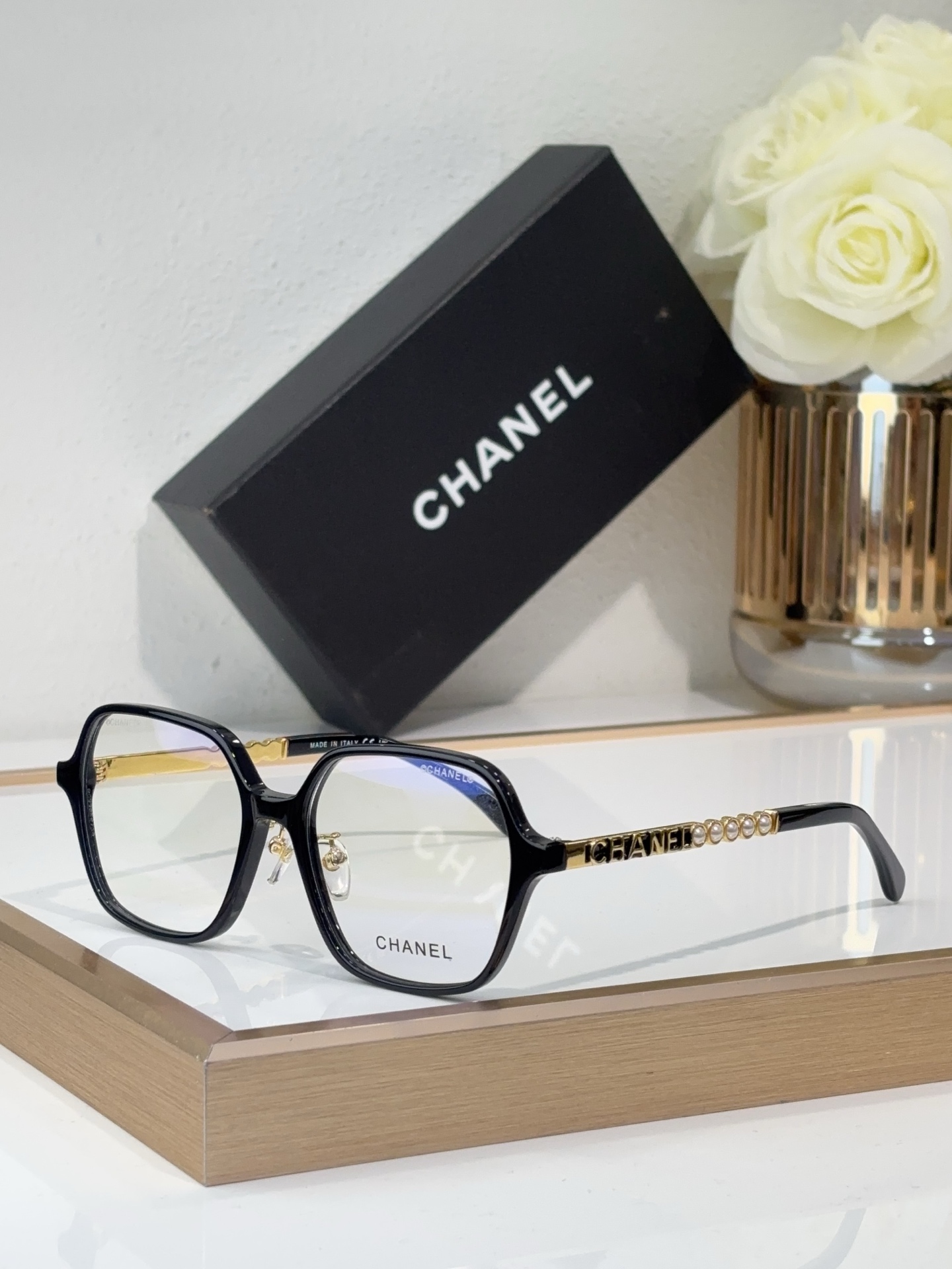 Chanel Black Acetate Square Optical Frames with Gold Chain Accents (Model: CH3495)